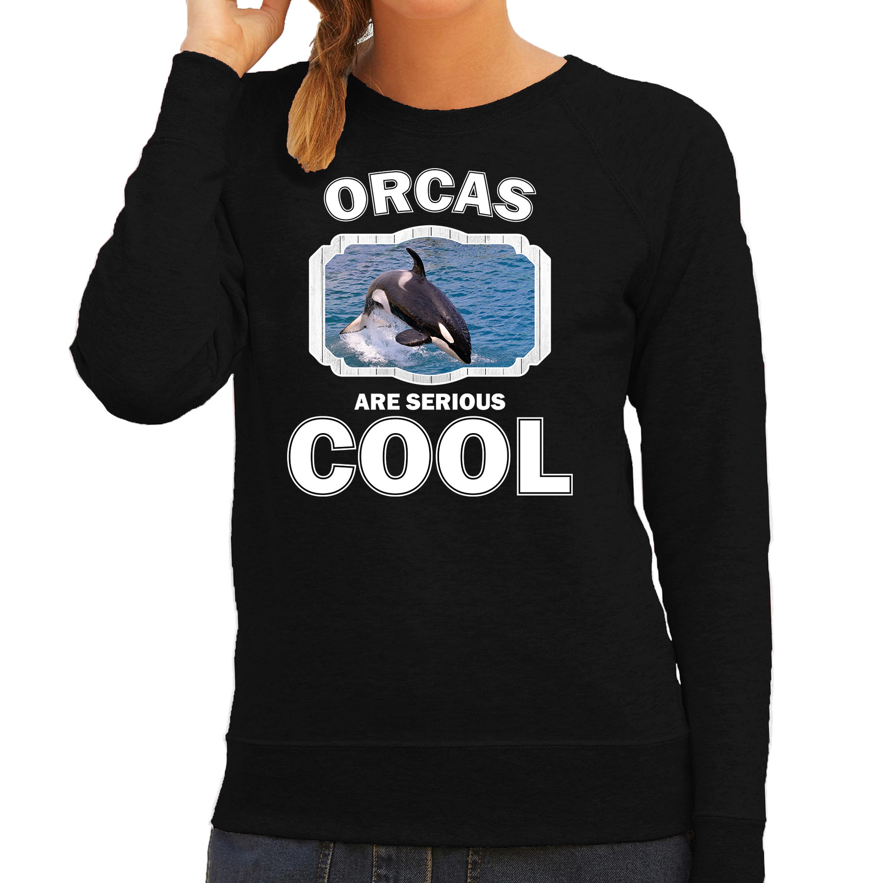 Sweater orcas are serious cool zwart dames - orka walvissen/ grote orka trui