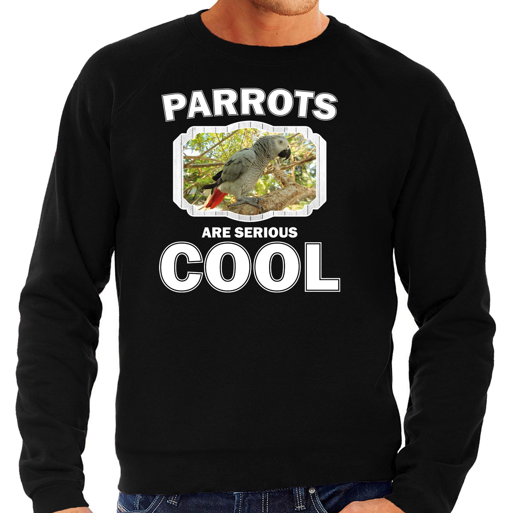 Sweater parrots are serious cool zwart heren - papegaaien/ grijze roodstaart papegaai trui