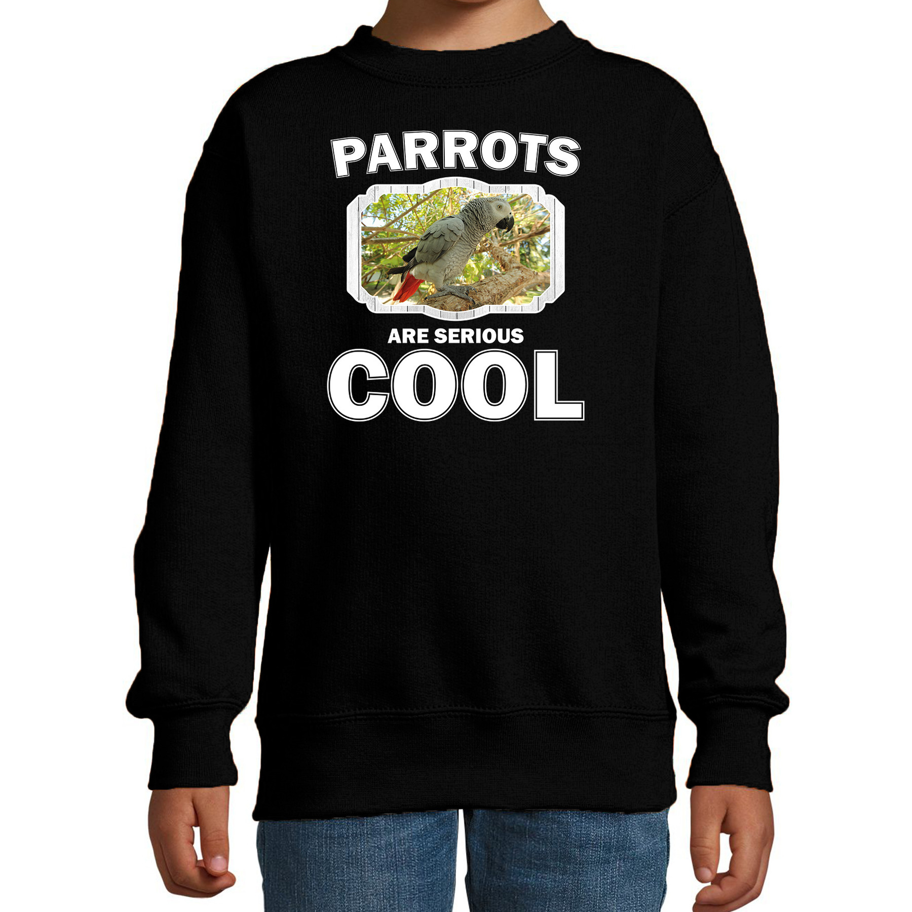 Sweater parrots are serious cool zwart kinderen - papegaaien/ grijze roodstaart papegaai trui