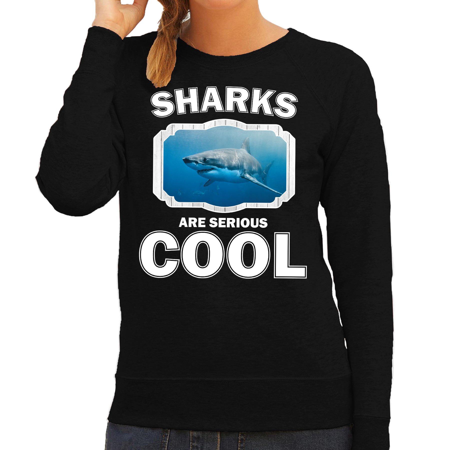 Sweater sharks are serious cool zwart dames - haaien/ haai trui