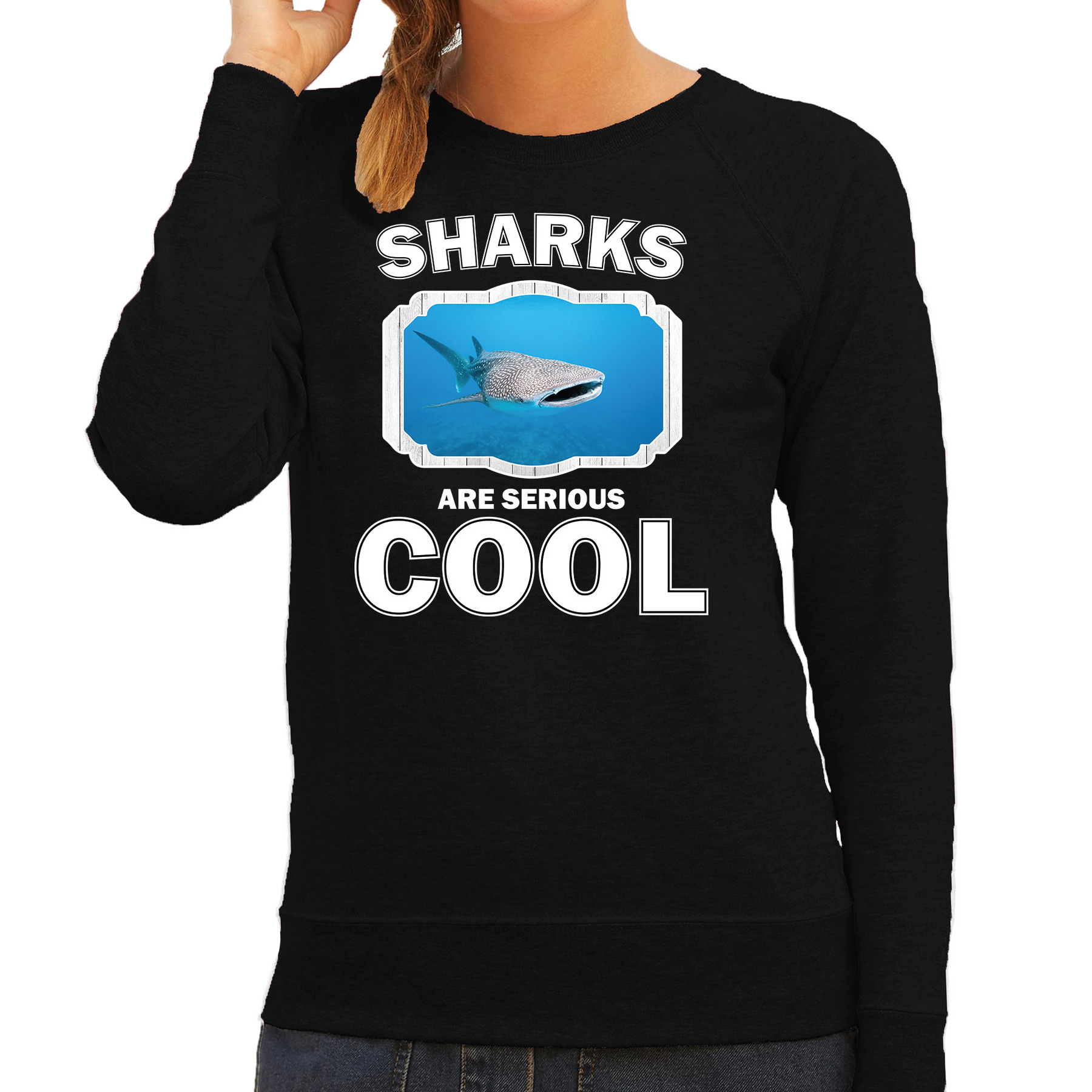 Sweater sharks are serious cool zwart dames - haaien/ walvishaai trui