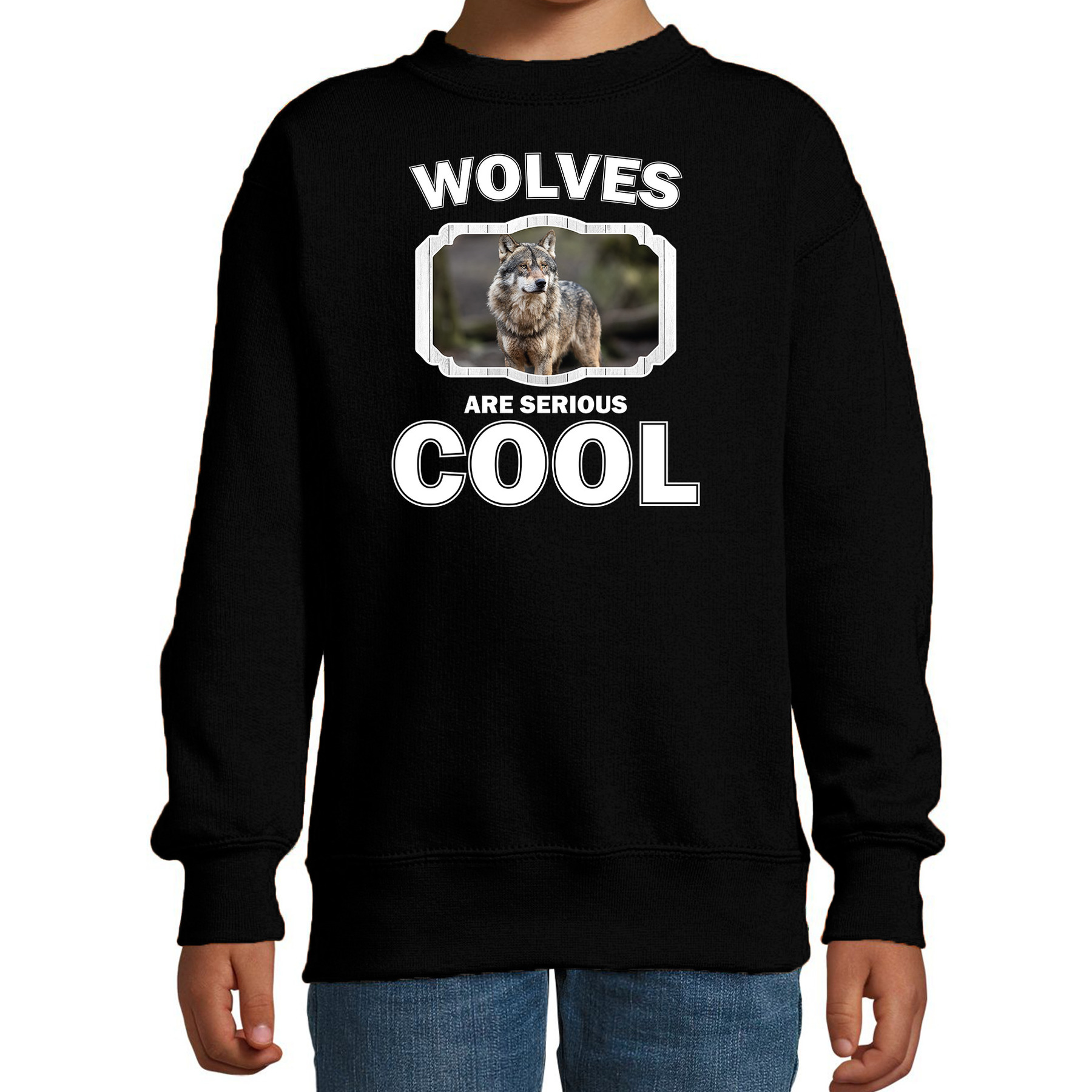 Sweater wolfs are serious cool zwart kinderen - wolven/ wolf trui