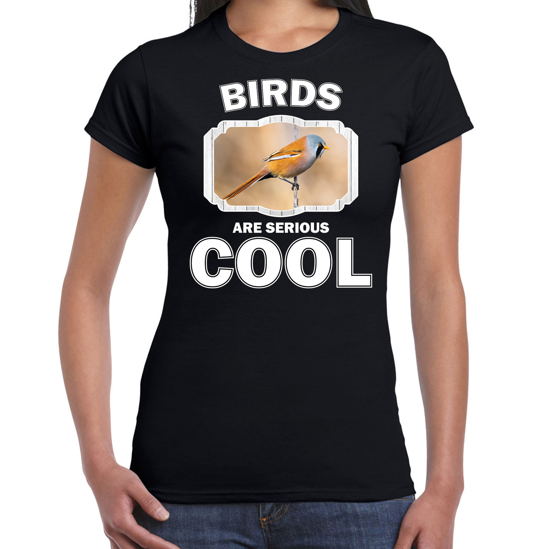T-shirt birds are serious cool zwart dames - vogels/ baardmannetje vogel shirt
