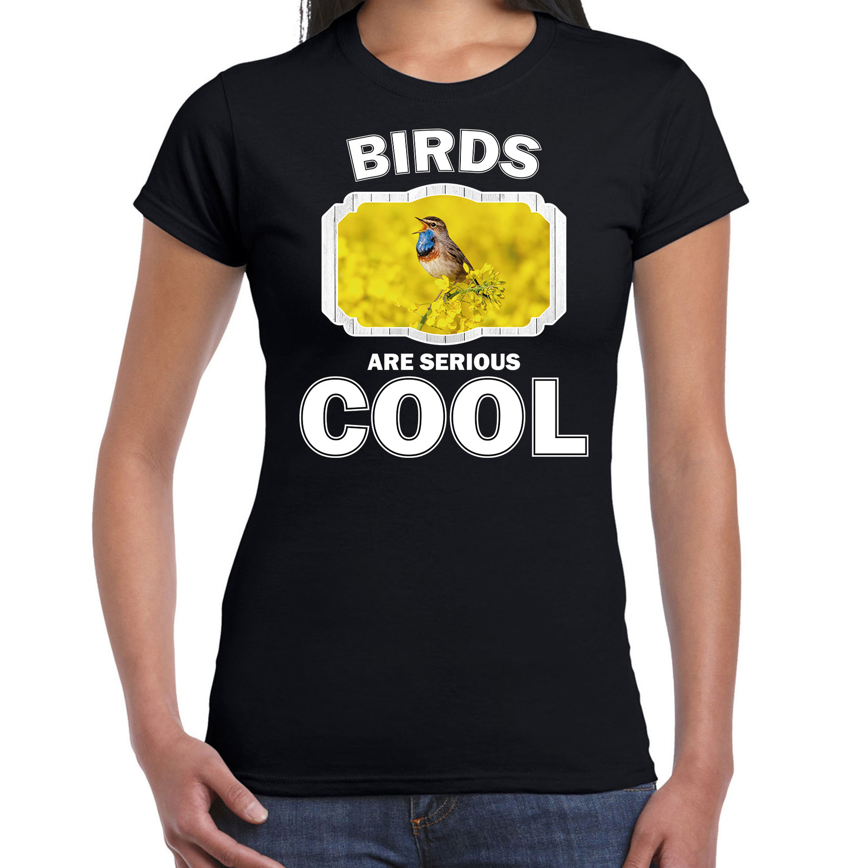 T-shirt birds are serious cool zwart dames - vogels/ blauwborst vogel shirt