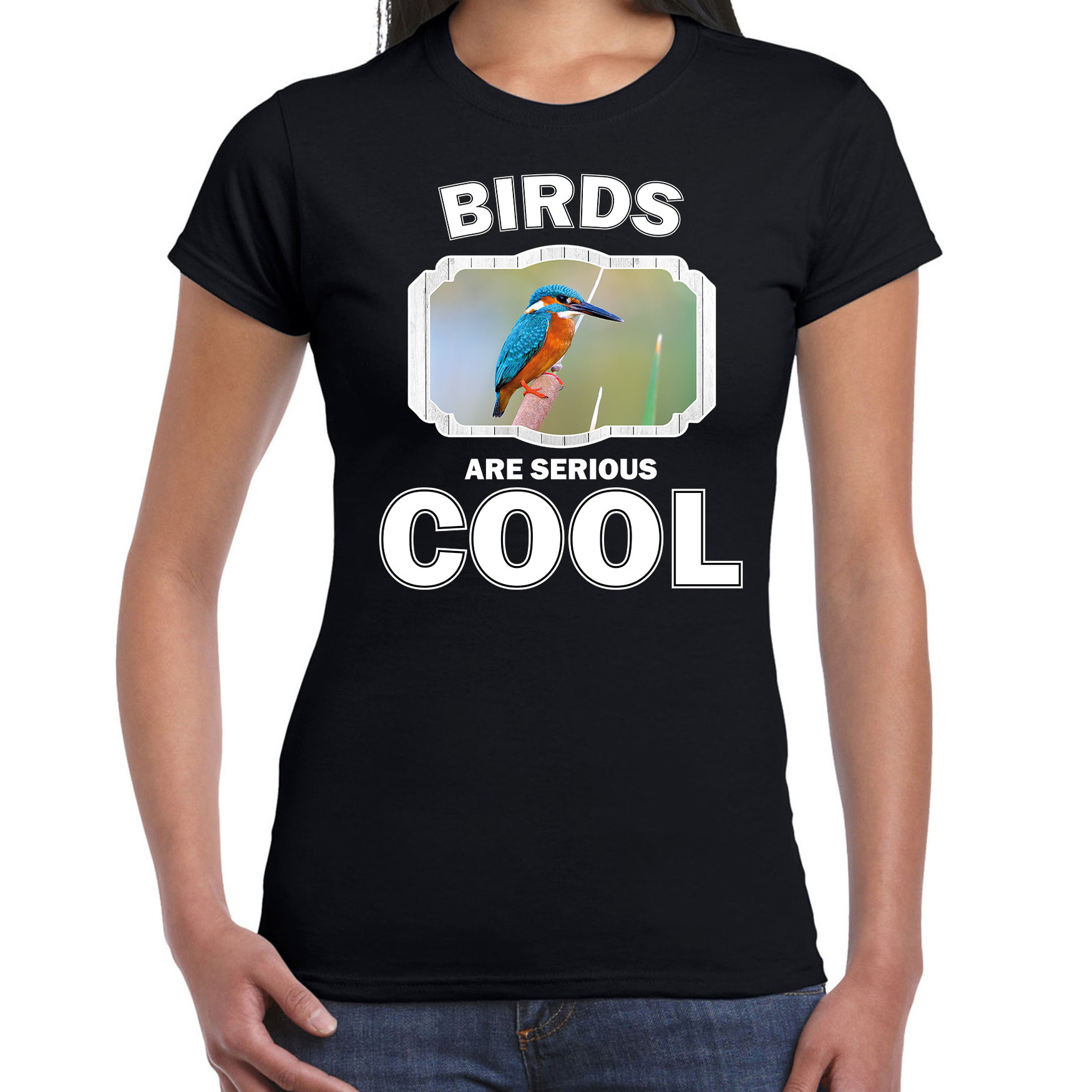T-shirt birds are serious cool zwart dames - vogels/ ijsvogel shirt