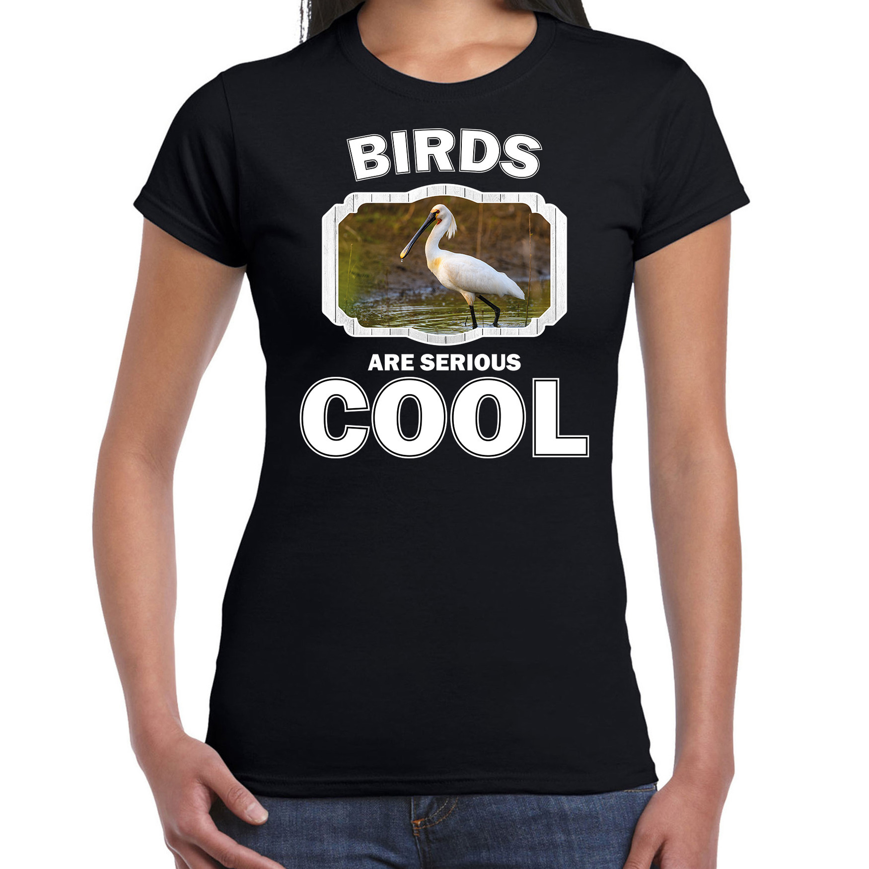 T-shirt birds are serious cool zwart dames - vogels/ lepelaar vogel shirt