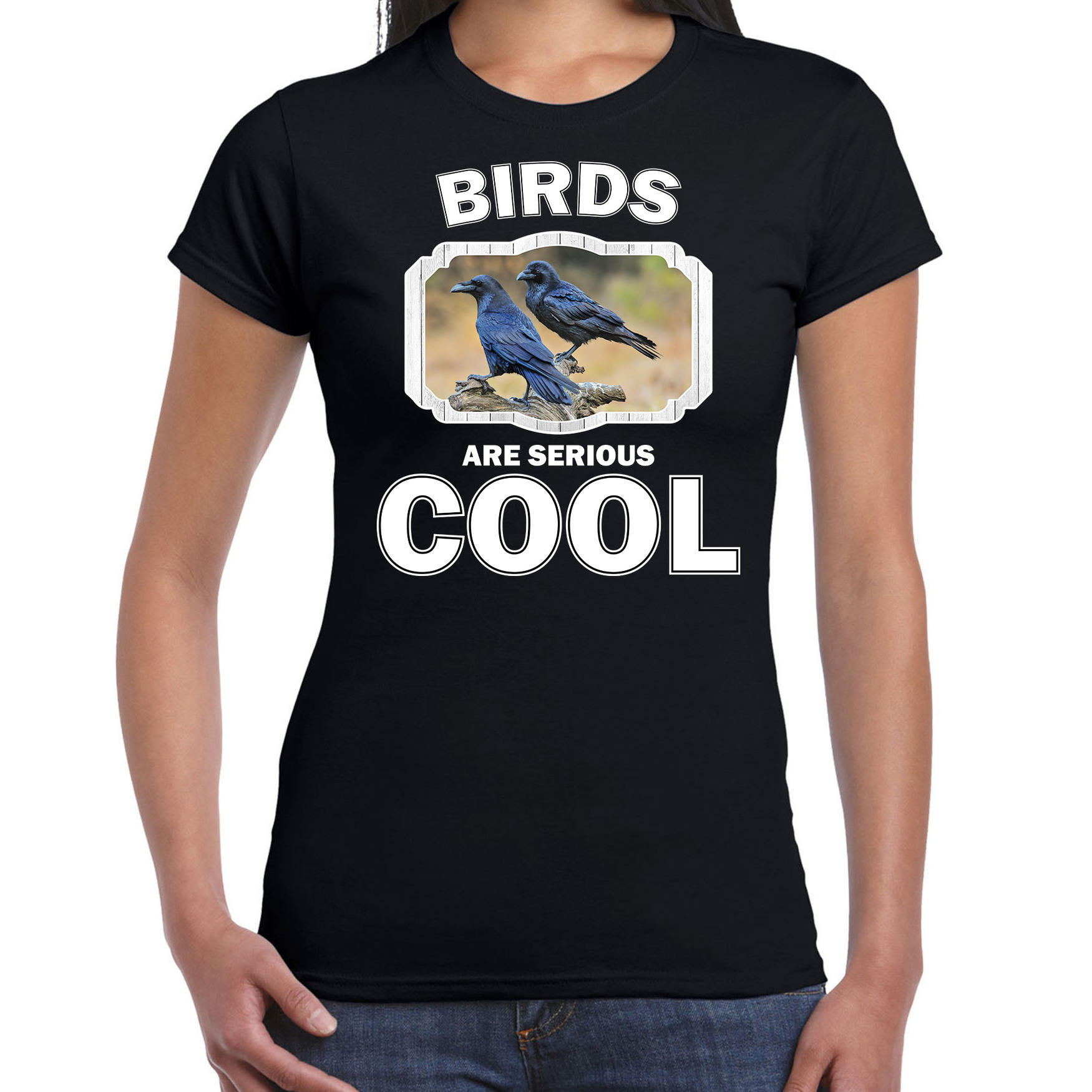 T-shirt birds are serious cool zwart dames - vogels/ raaf shirt