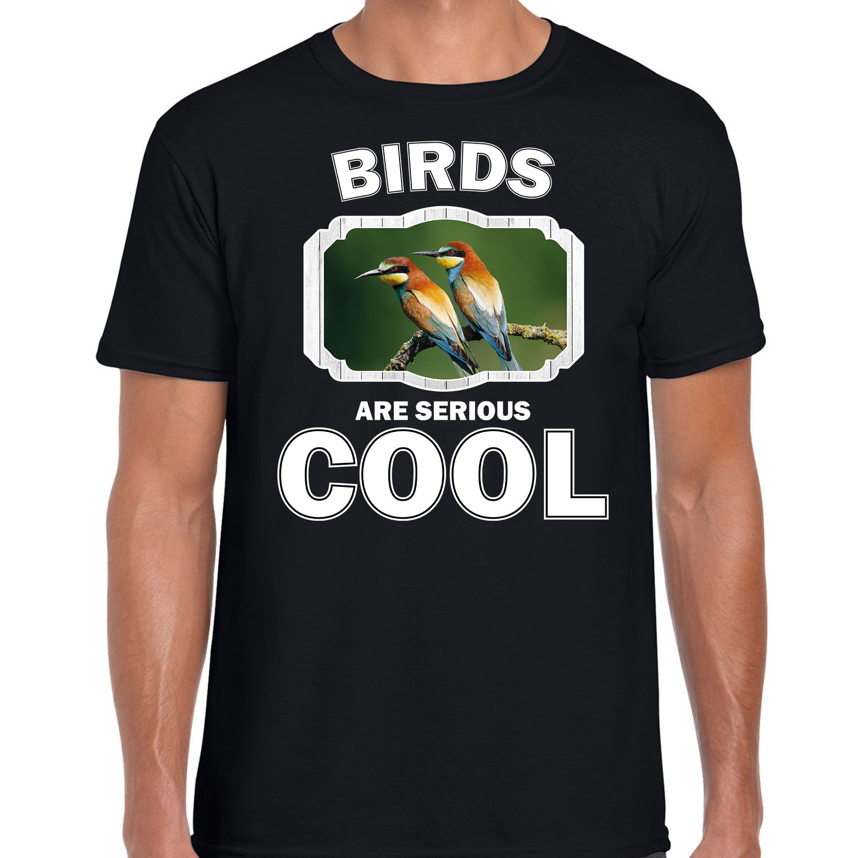 Afbeelding T-shirt birds are serious cool zwart heren - vogels/ bijeneter vogel shirt door Animals Giftshop