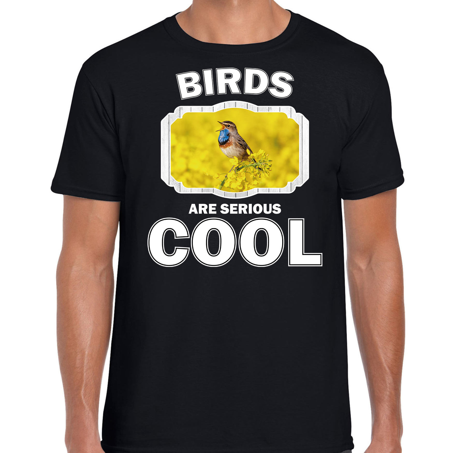 T-shirt birds are serious cool zwart heren - vogels/ blauwborst vogel shirt