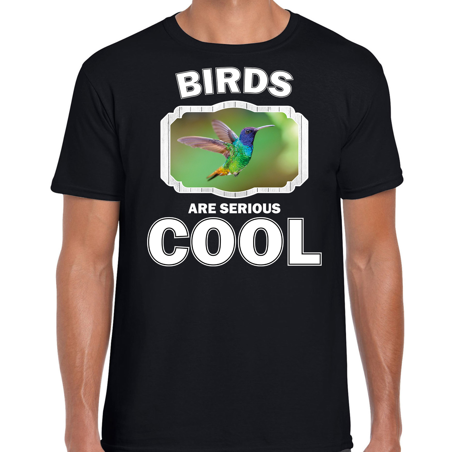 T-shirt birds are serious cool zwart heren - vogels/ kolibrie vogel vliegend shirt