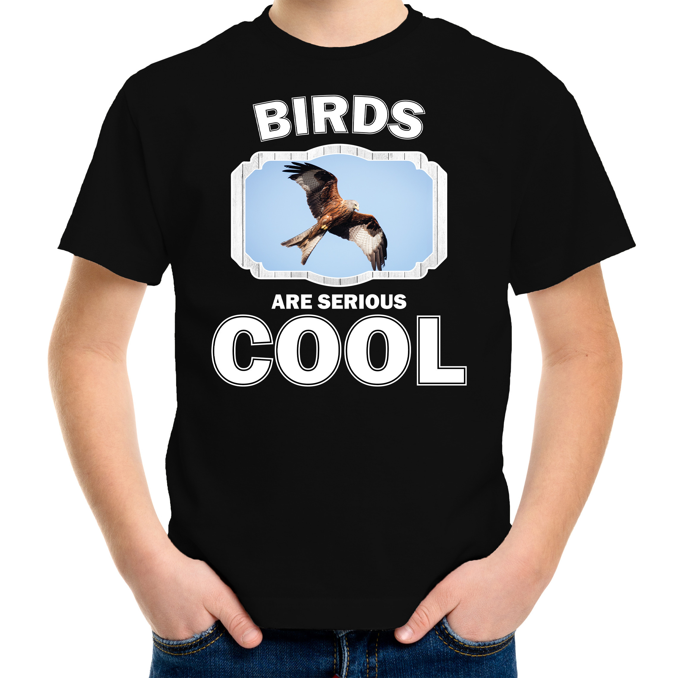 T-shirt birds are serious cool zwart kinderen - arenden/ rode wouw roofvogel shirt