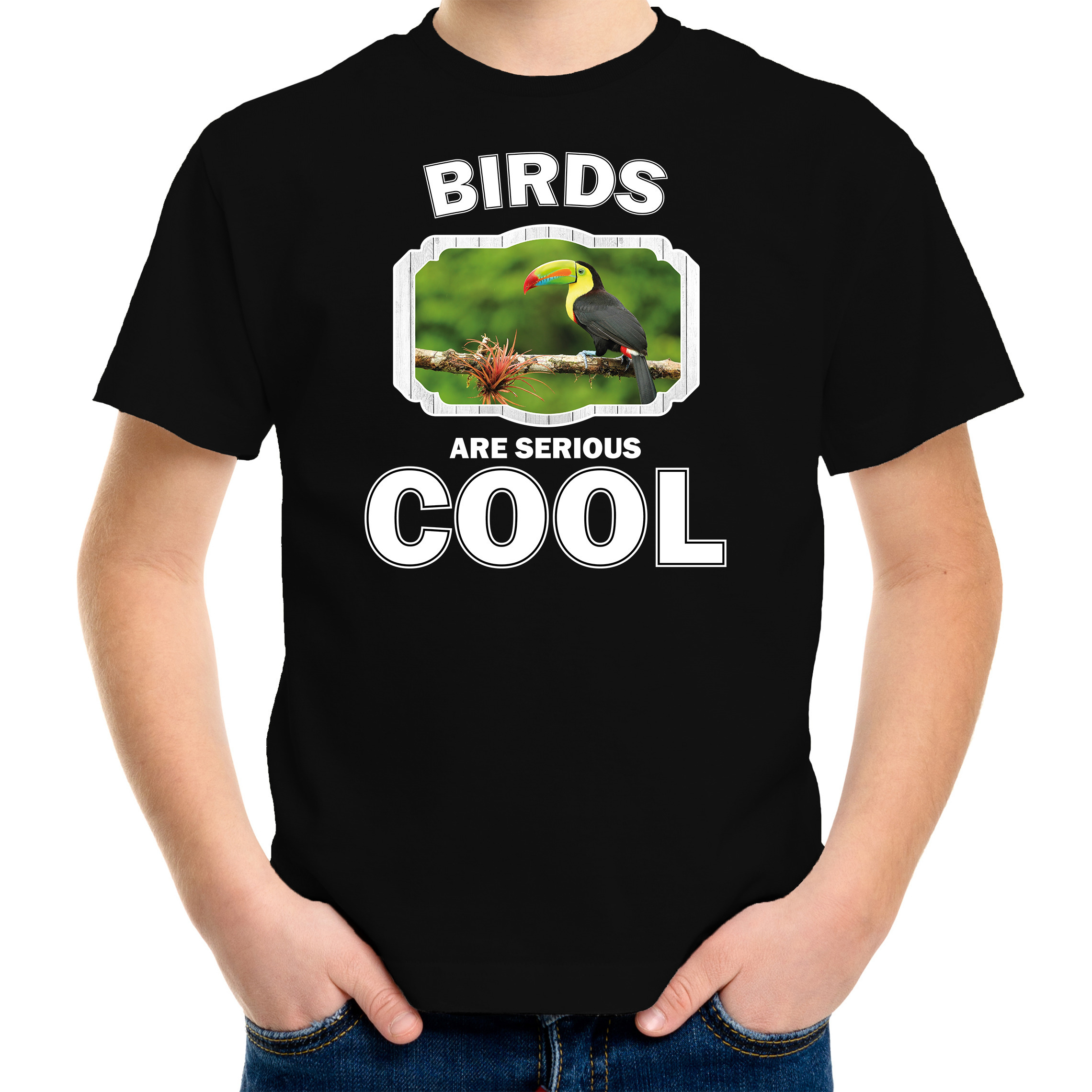 Afbeelding T-shirt birds are serious cool zwart kinderen - toekans/ toekan shirt door Animals Giftshop