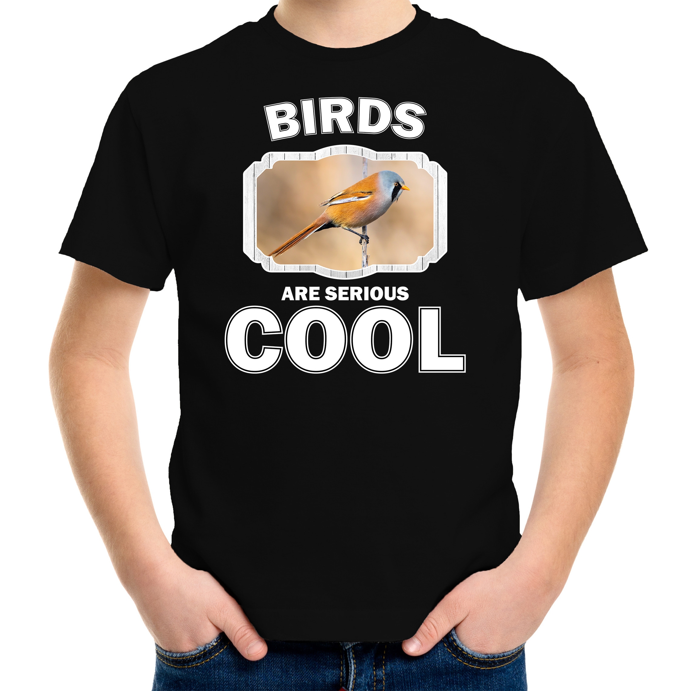 T-shirt birds are serious cool zwart kinderen - vogels/ baardmannetje vogel shirt