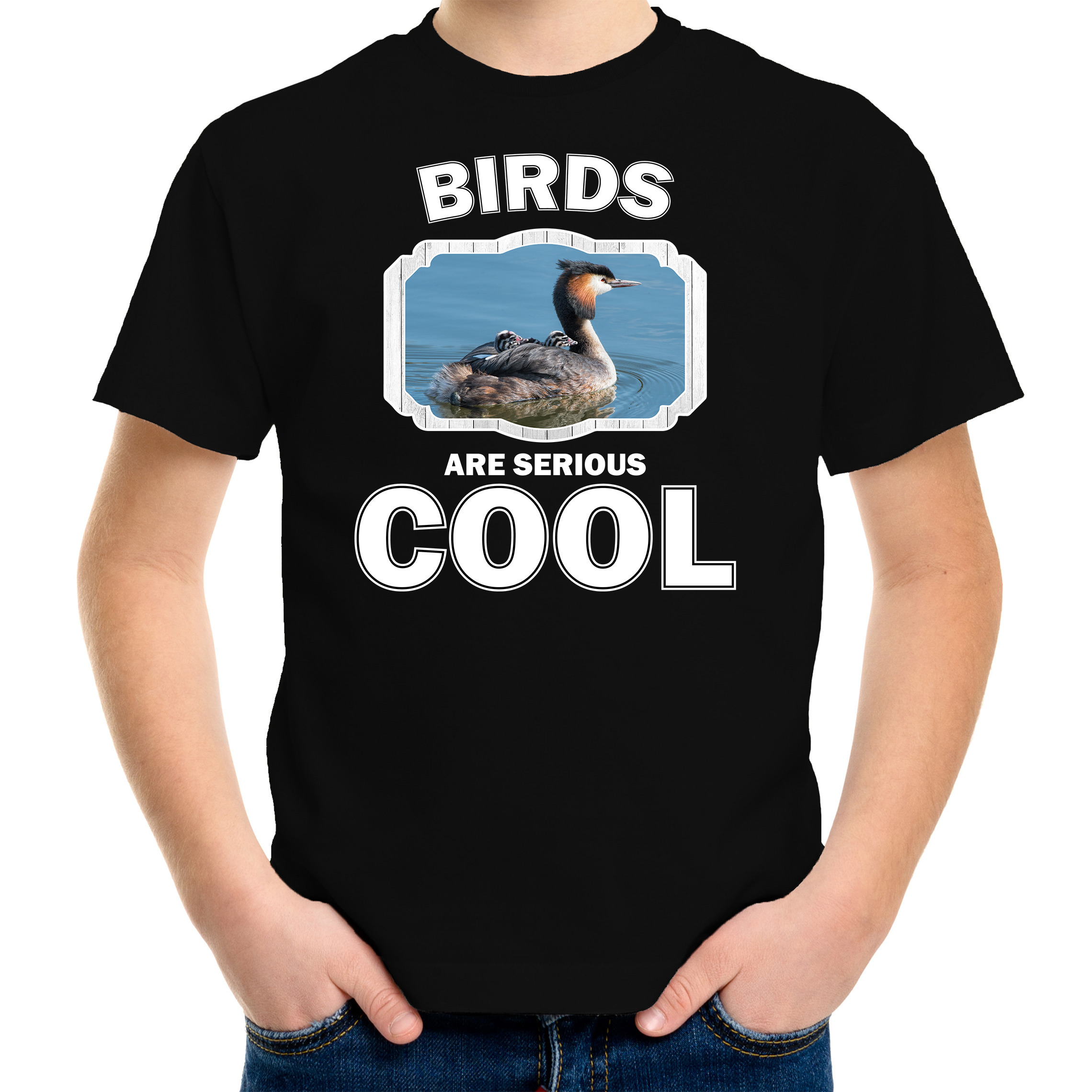 T-shirt birds are serious cool zwart kinderen - vogels/ fuut vogel shirt