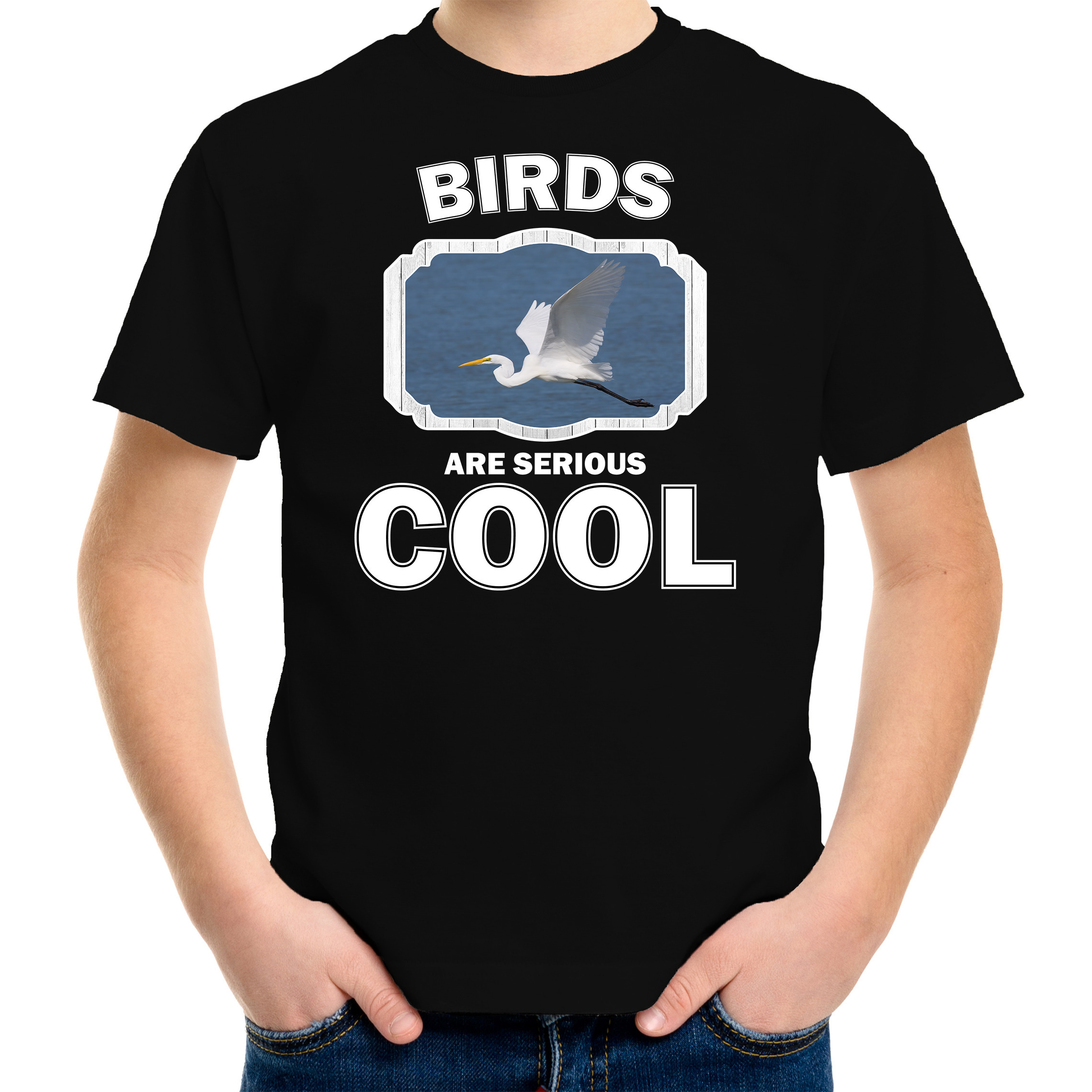 Afbeelding T-shirt birds are serious cool zwart kinderen - vogels/ grote zilverreiger shirt door Animals Giftshop