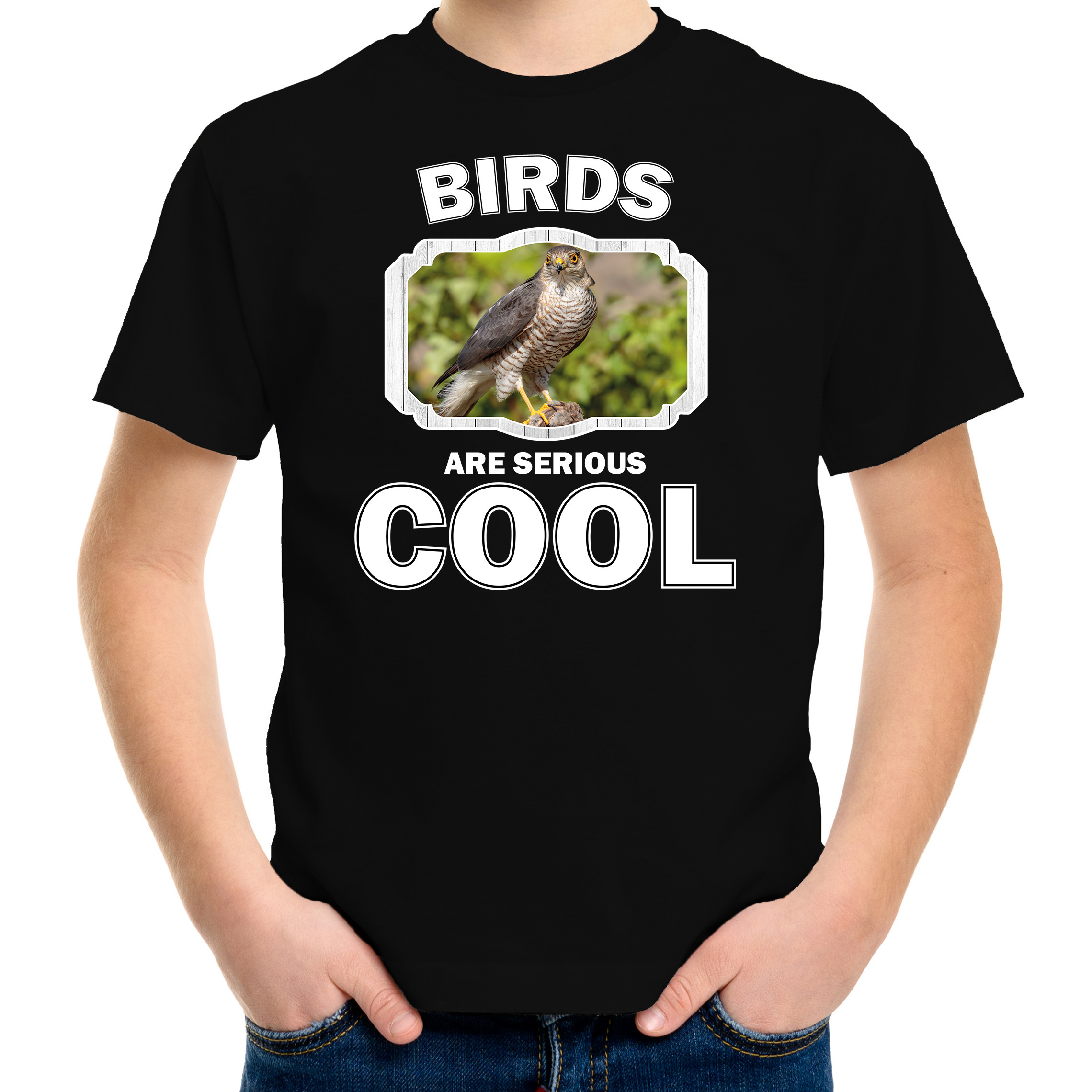 T-shirt birds are serious cool zwart kinderen - vogels/ havik roofvogel shirt