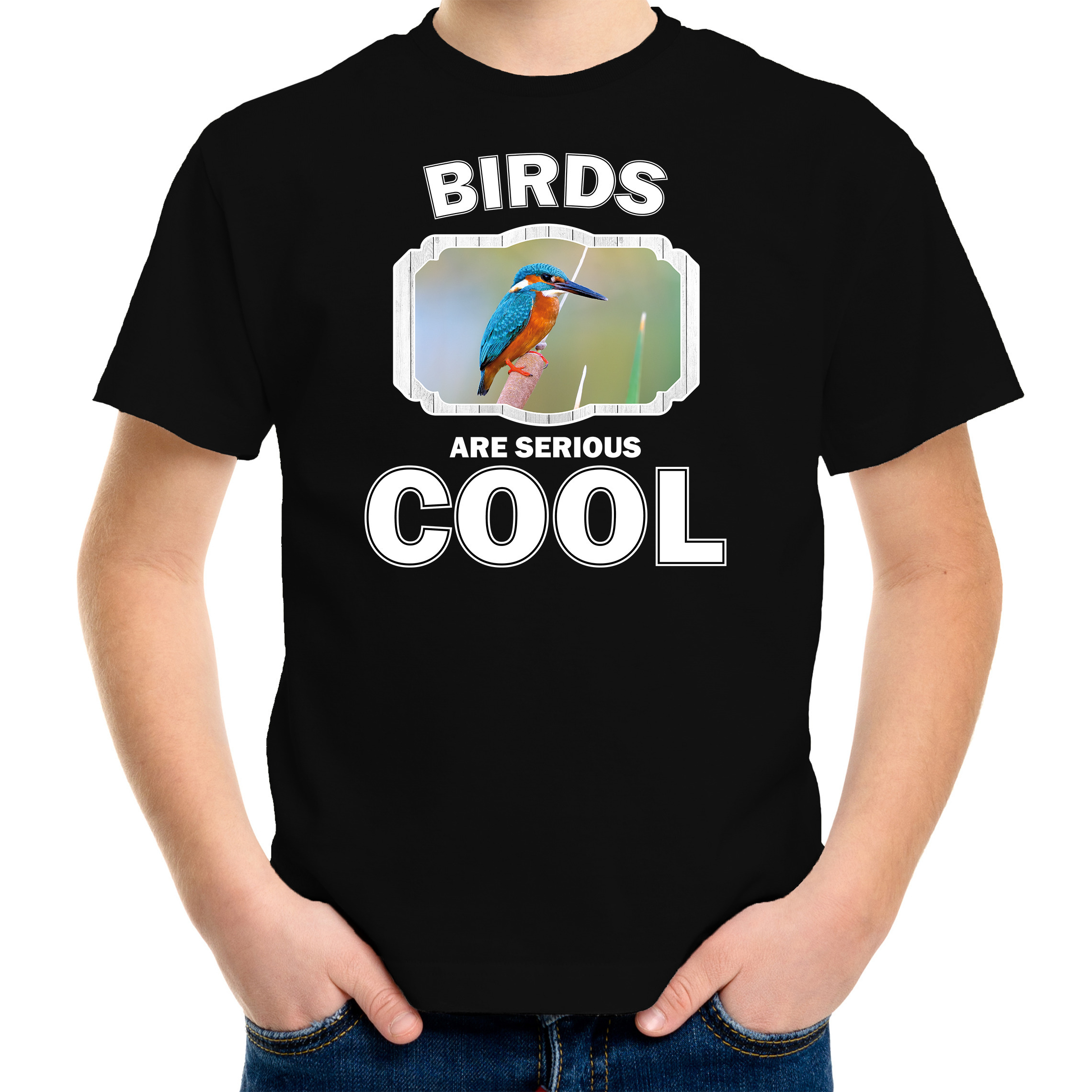 T-shirt birds are serious cool zwart kinderen - vogels/ ijsvogel shirt