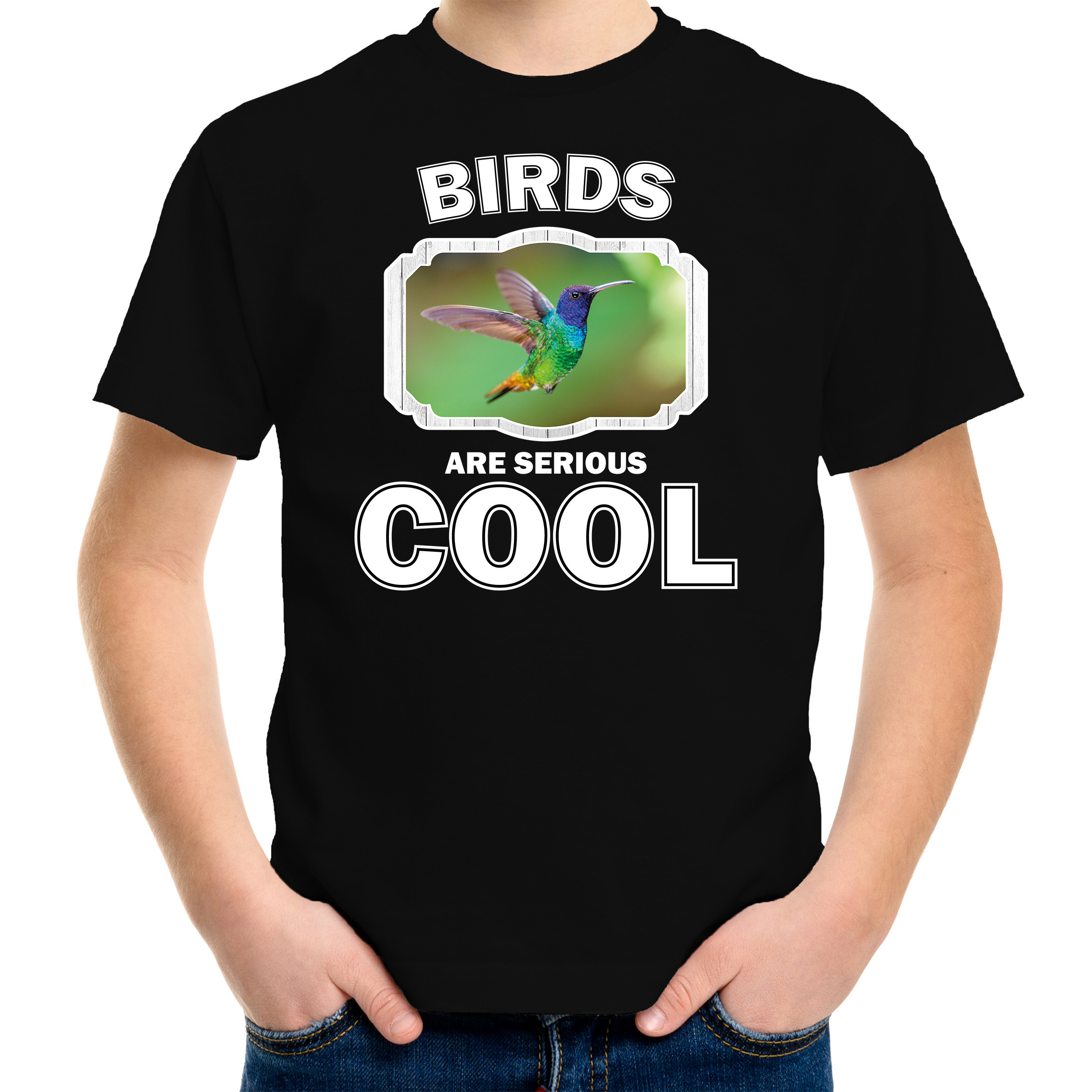 T-shirt birds are serious cool zwart kinderen - vogels/ kolibrie vogel vliegend shirt