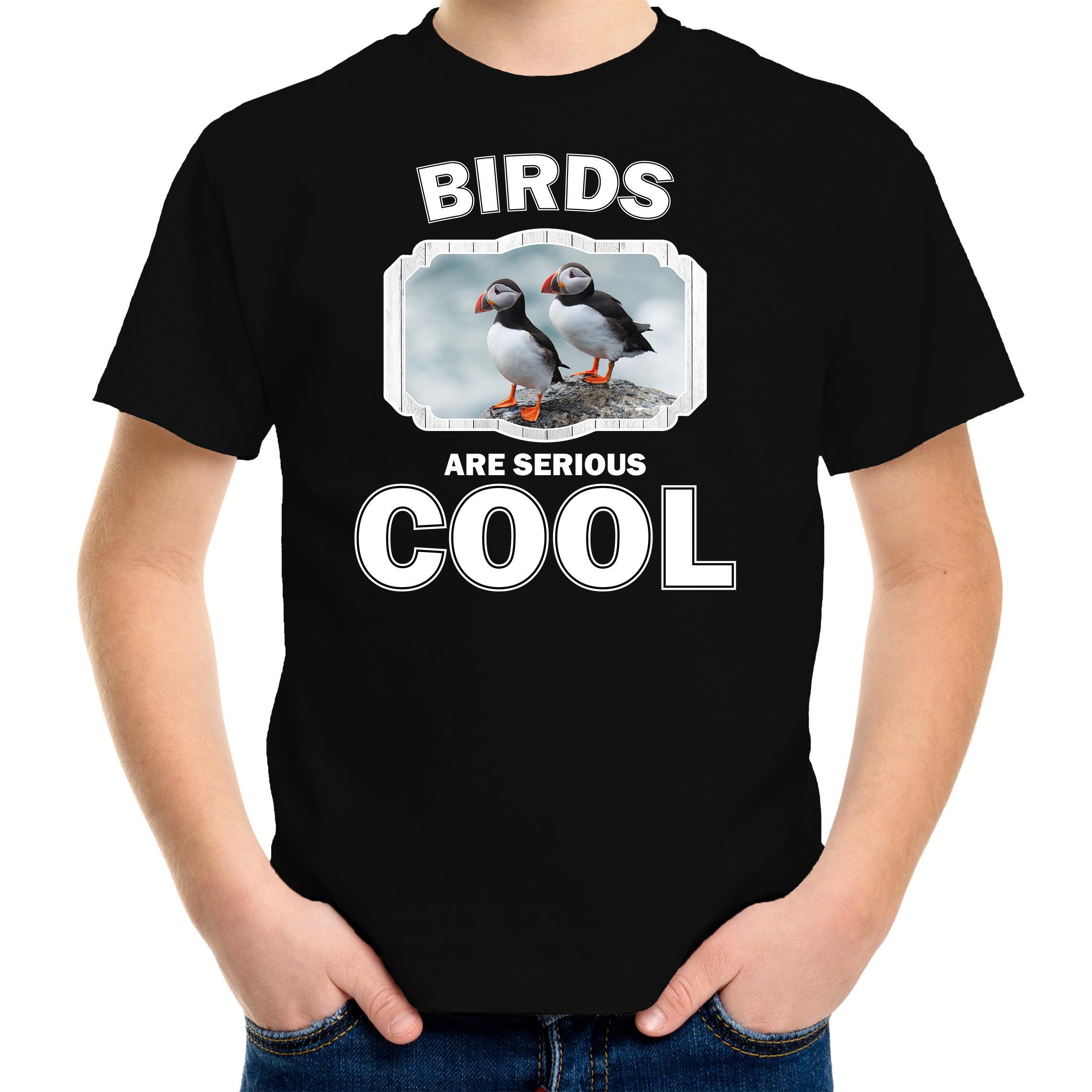 T-shirt birds are serious cool zwart kinderen - vogels/ papegaaiduiker vogel shirt