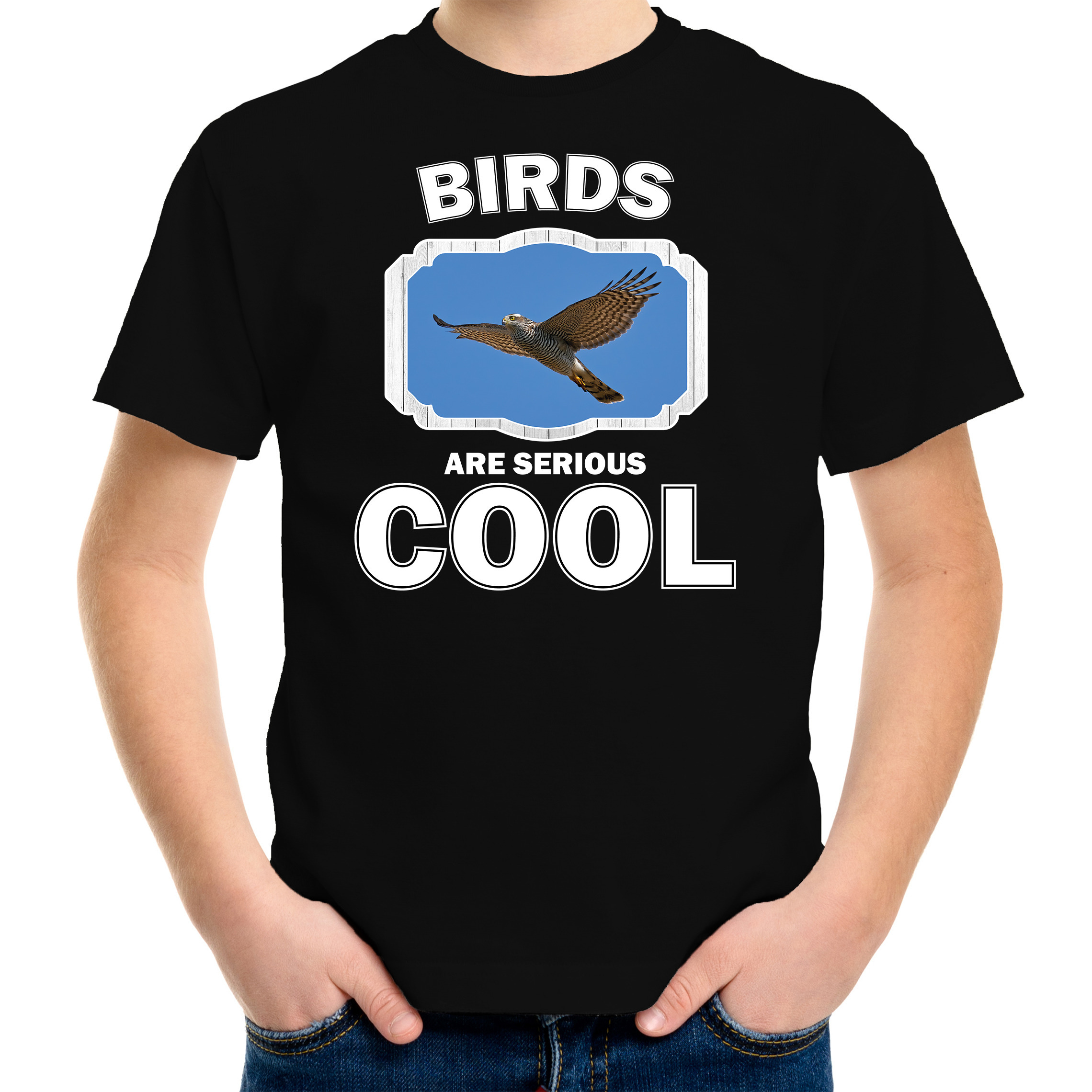 T-shirt birds are serious cool zwart kinderen - vogels/ vliegende havik roofvogel shirt