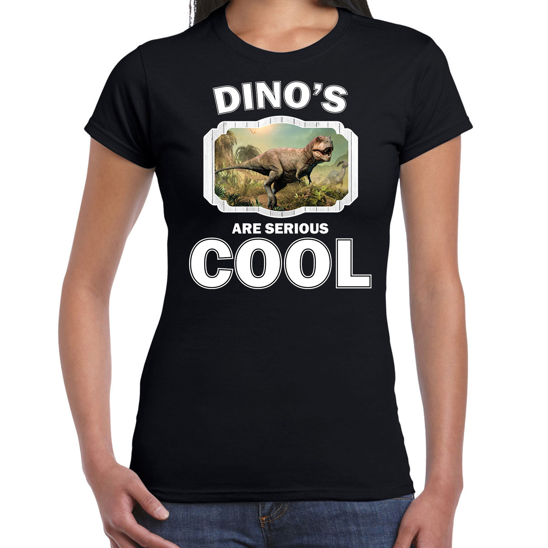 T-shirt dinosaurs are serious cool zwart dames - dinosaurussen/ stoere t-rex dinosaurus shirt
