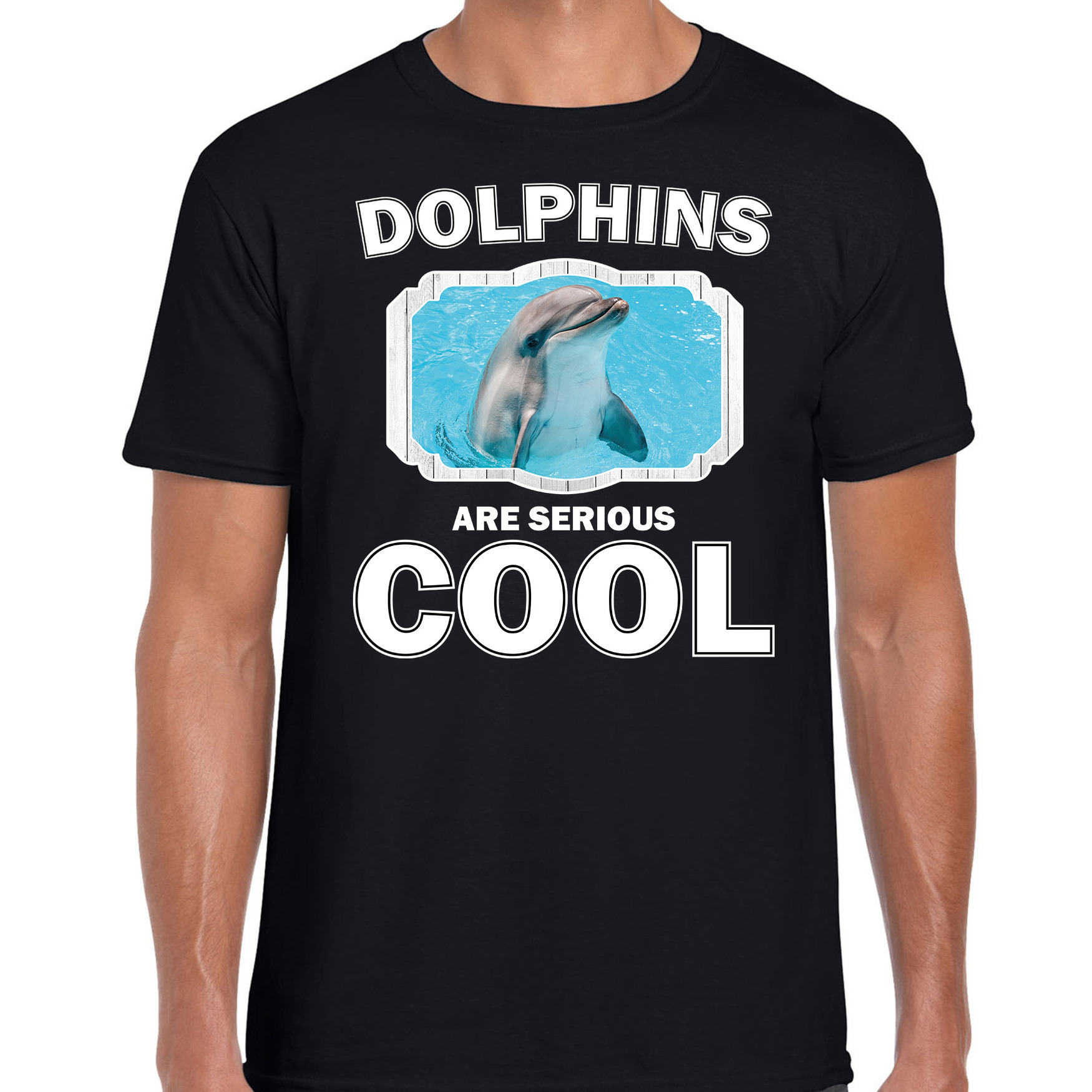 Afbeelding T-shirt dolphins are serious cool zwart heren - dolfijnen/ dolfijn shirt door Animals Giftshop