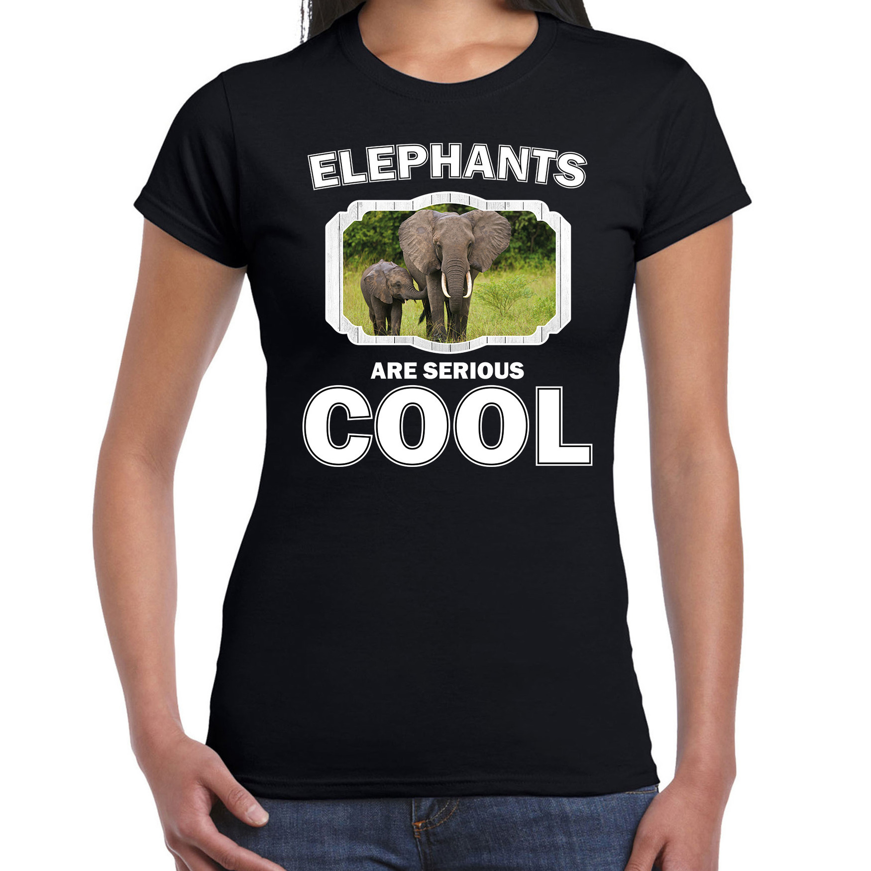T-shirt elephants are serious cool zwart dames - olifanten/ olifant shirt