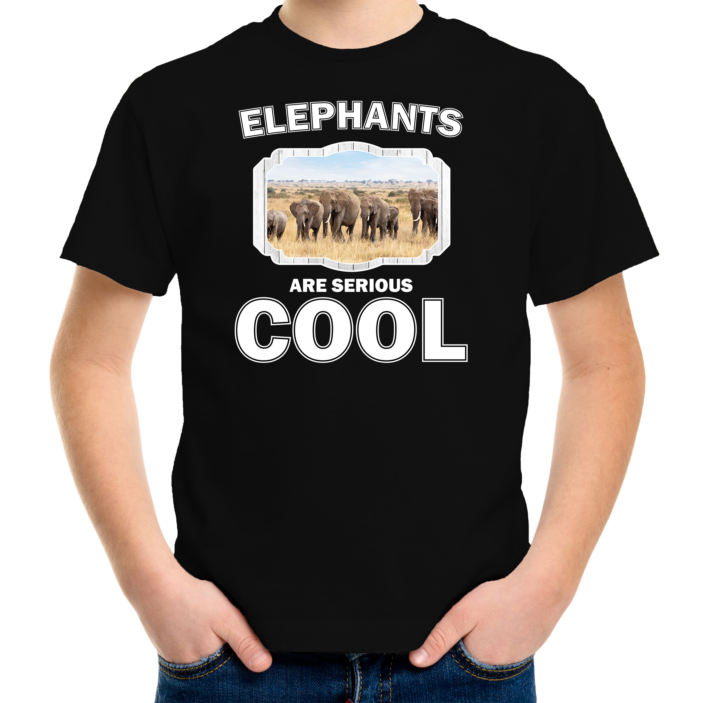 T-shirt elephants are serious cool zwart kinderen - kudde olifanten/ olifant shirt