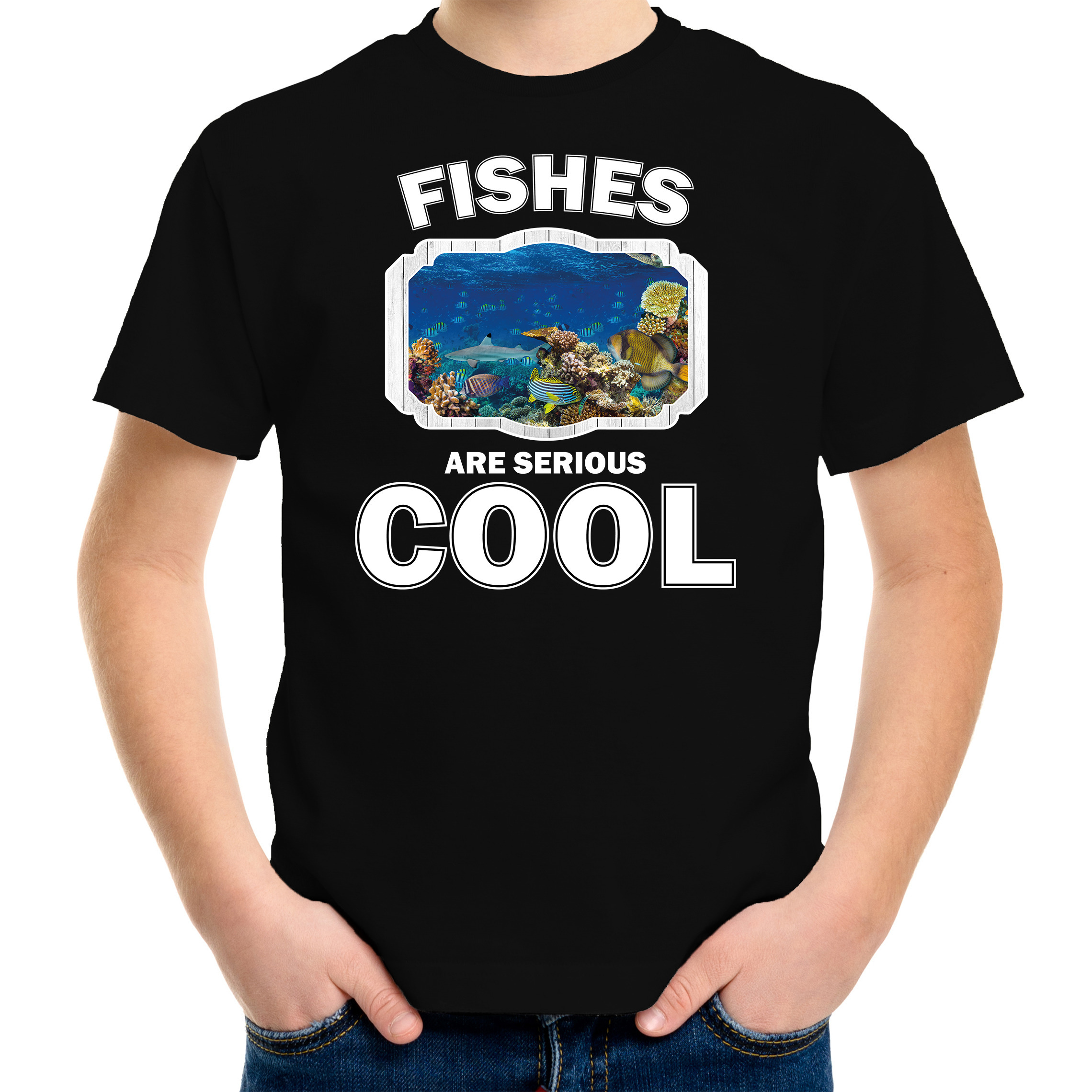 T-shirt fishes are serious cool zwart kinderen - vissen/ vis shirt