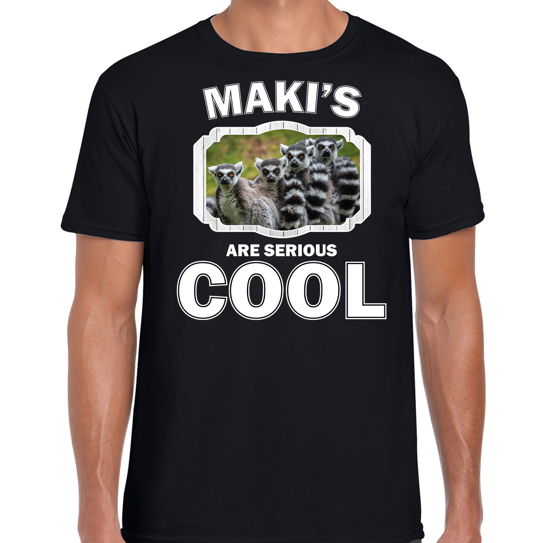 Afbeelding T-shirt makis are serious cool zwart heren - maki apen/ maki familie shirt door Animals Giftshop