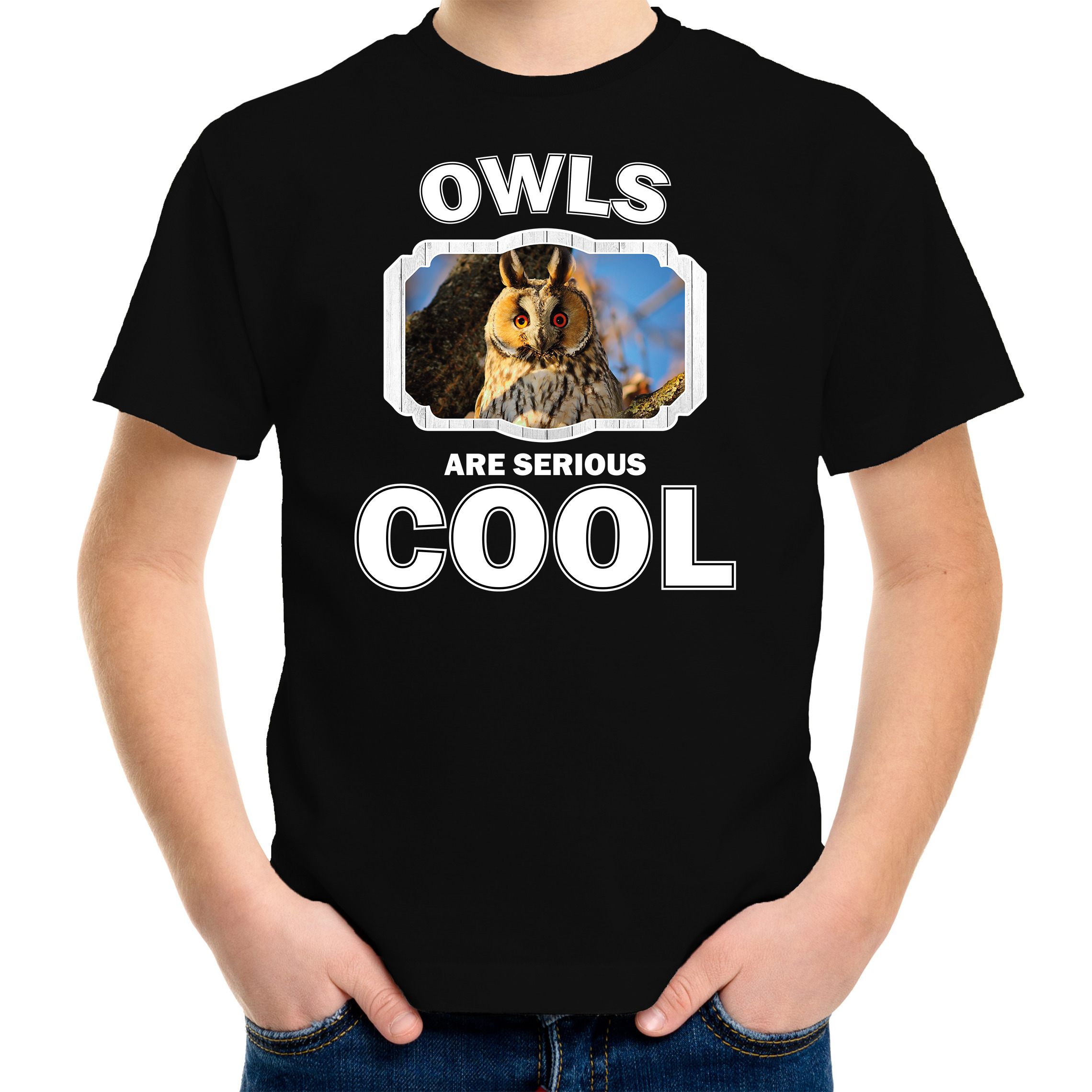 T-shirt owls are serious cool zwart kinderen - uilen/ ransuil shirt