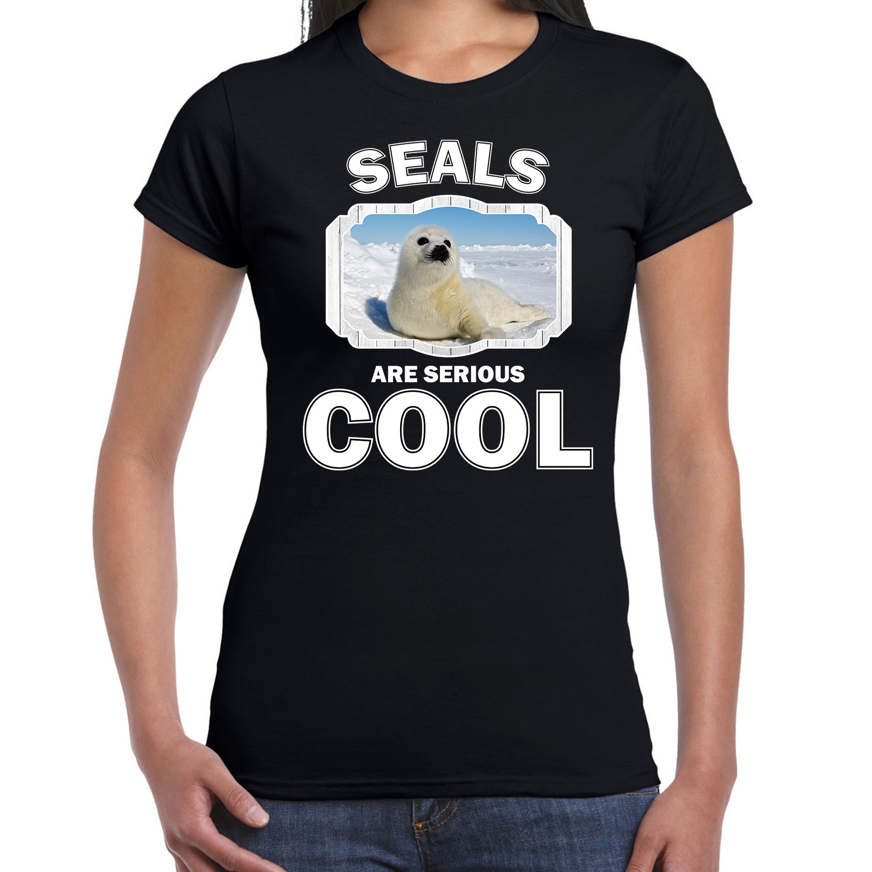 T-shirt seals are serious cool zwart dames - witte zeehonden/ zeehond shirt