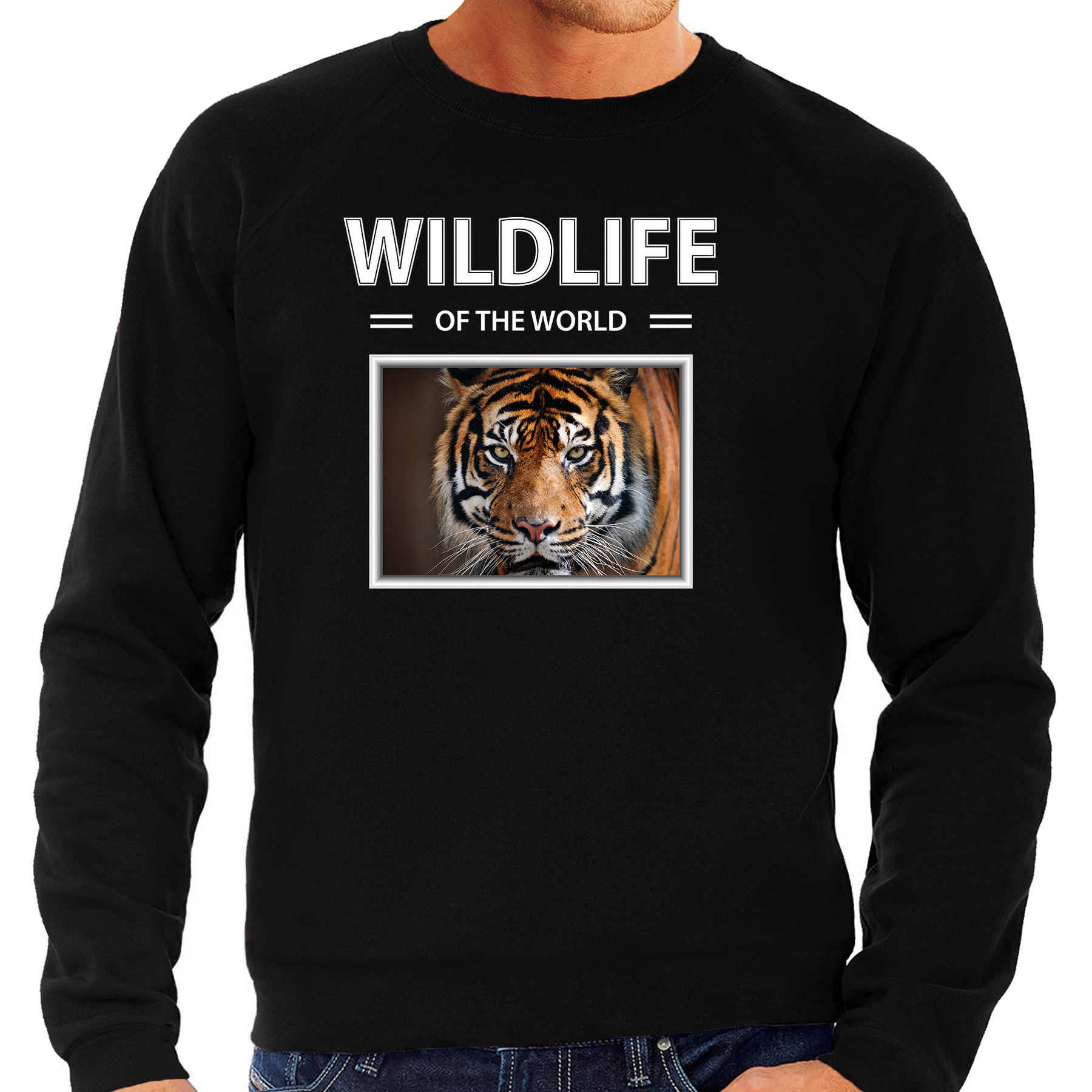 Tijger foto sweater zwart voor heren - wildlife of the world cadeau trui tijgers liefhebber