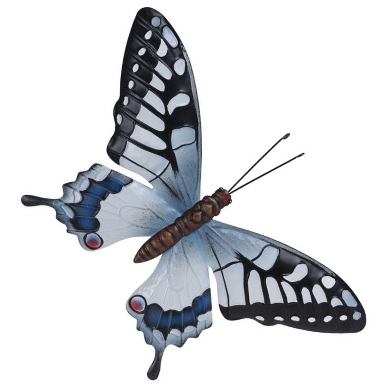 Tuindecoratie grijsblauw-zwarte vlinder 44 cm