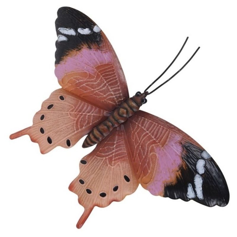 Tuindecoratie roestbruin-roze vlinder 35 cm