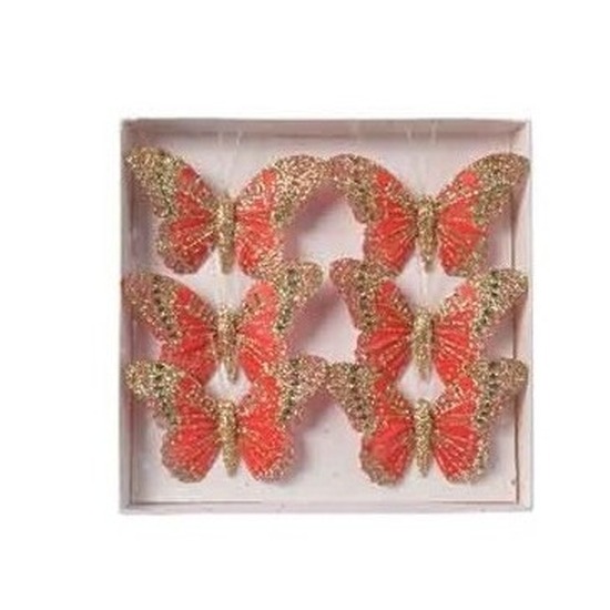 Vlinders op steker rood 8 cm met glitters decoratie materiaal