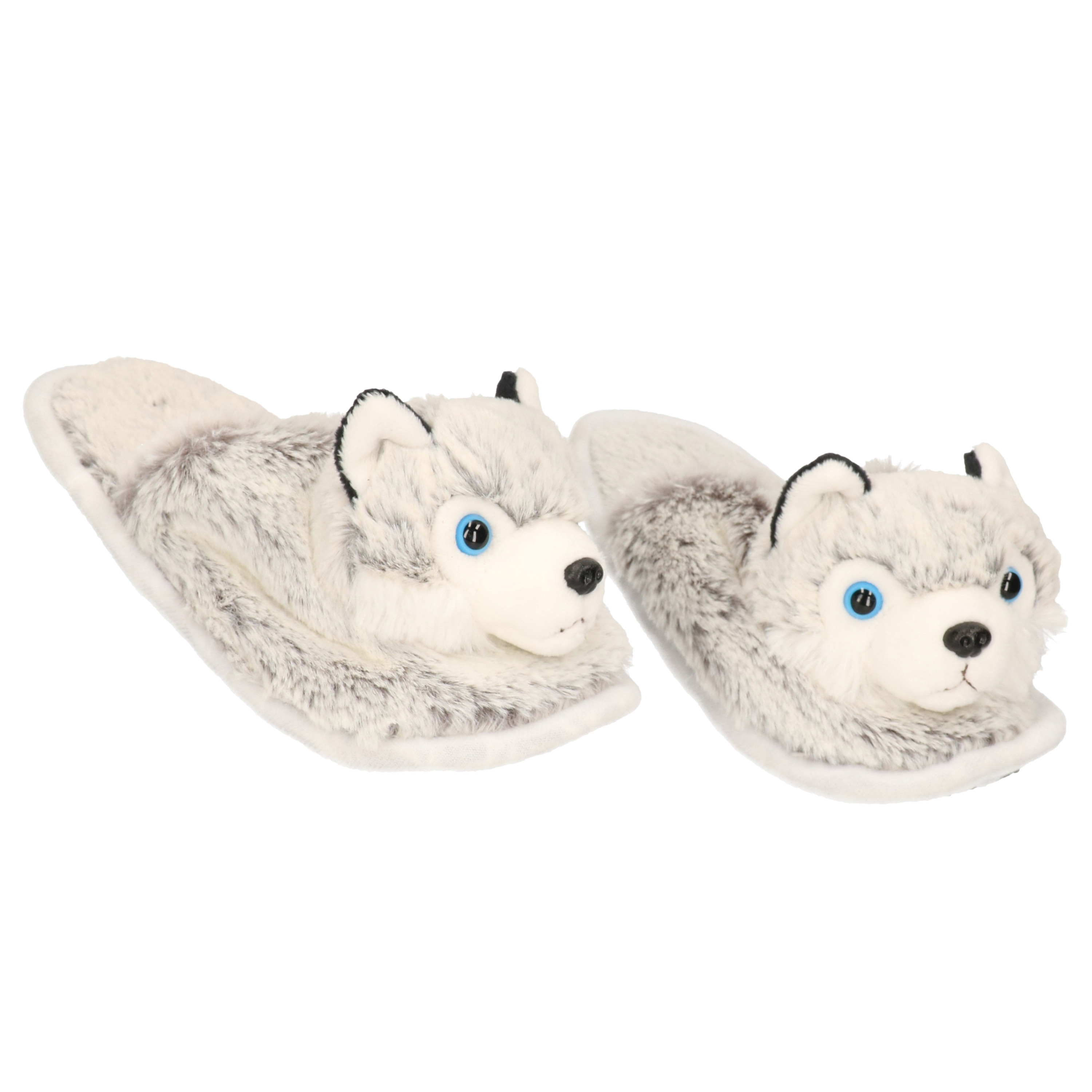 Warme dieren slofjes-pantoffeltjes husky honden grijs-wit voor jongens-meisjes-kinderen