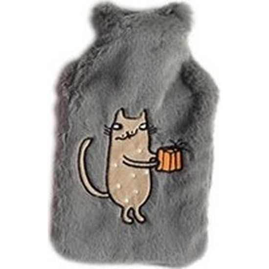 Warmwaterkruik lichtgrijs pluche met bruine katten/poezen afbeelding 2 liter