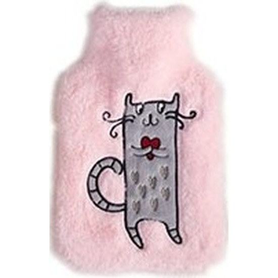 Warmwaterkruik lichtroze pluche met grijze katten/poezen afbeelding 2 liter