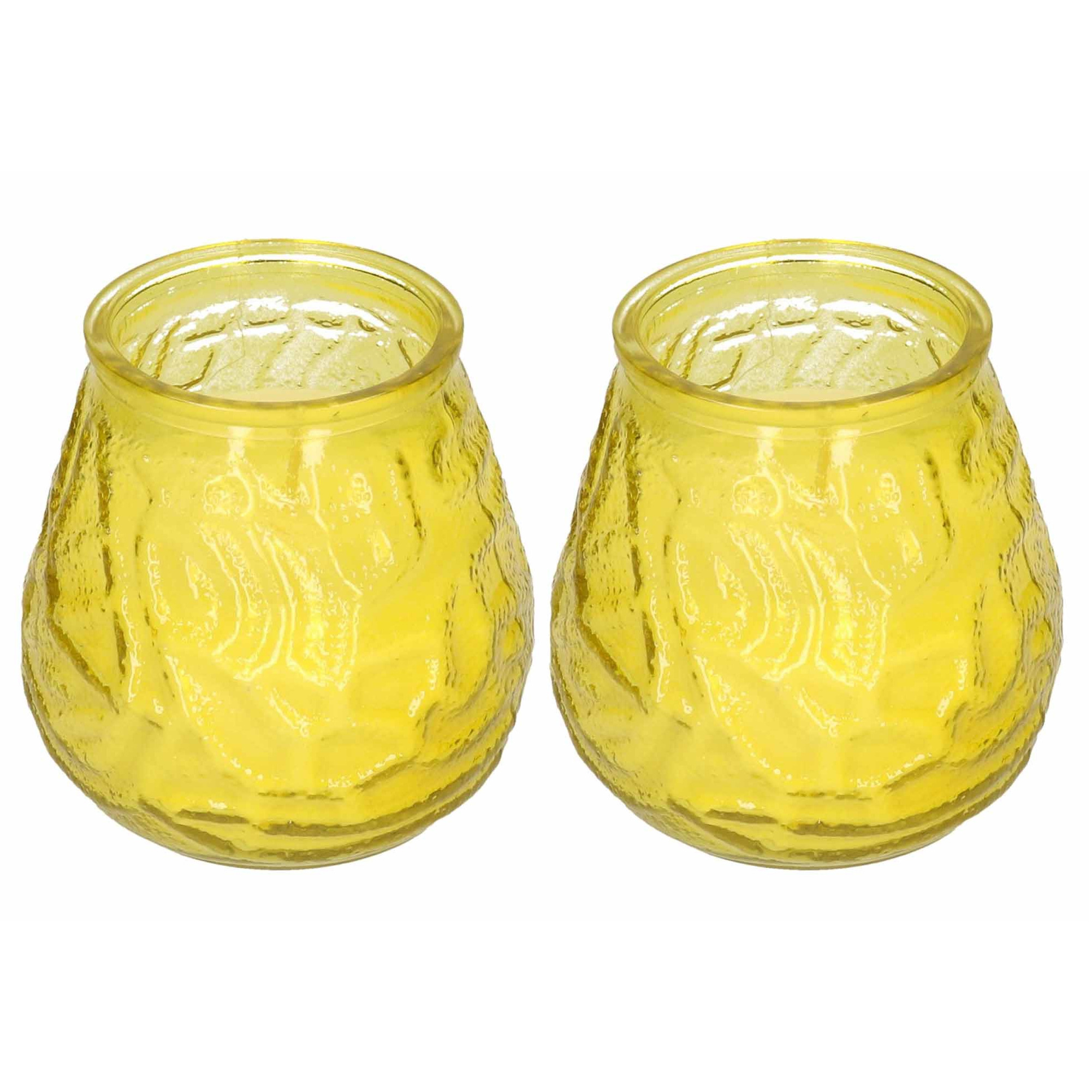 Windlicht geurkaars - 2x - geel glas - 48 branduren - citrusgeur