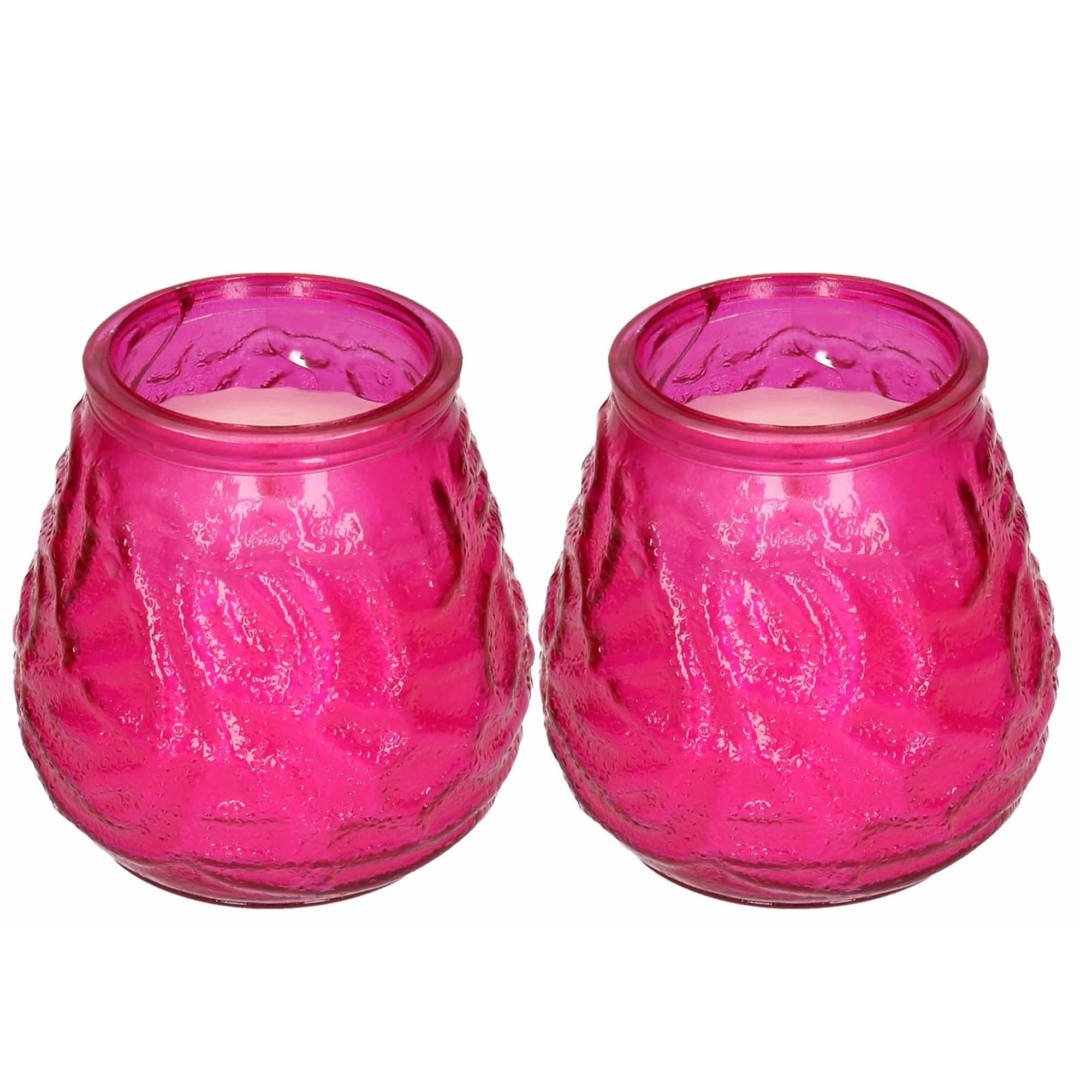 Windlicht geurkaars - 2x - roze glas - 48 branduren - citrusgeur