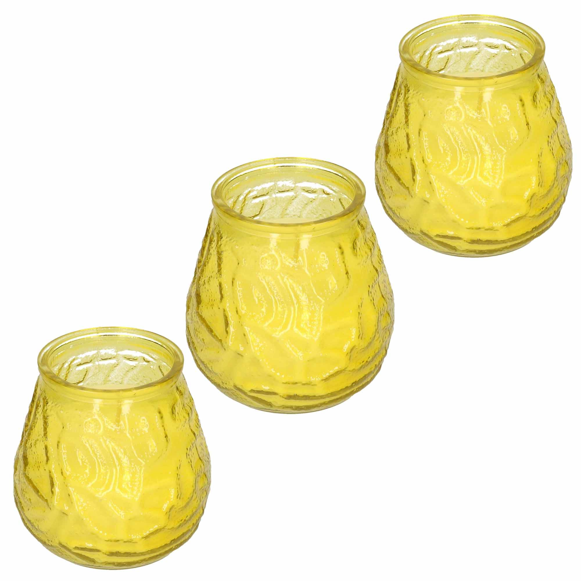 Windlicht geurkaars - 3x - geel glas - 48 branduren - citrusgeur