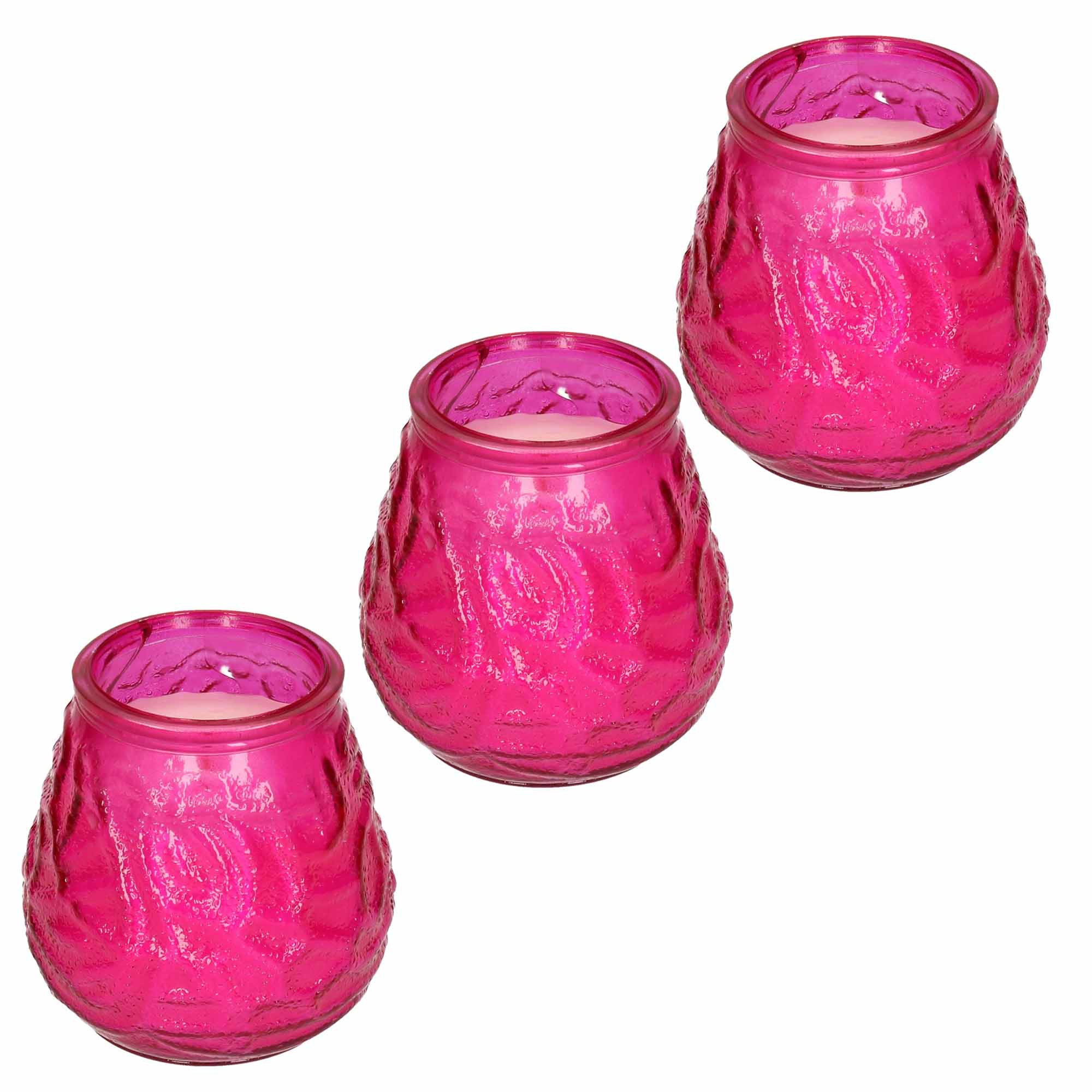 Windlicht geurkaars - 3x - roze glas - 48 branduren - citrusgeur