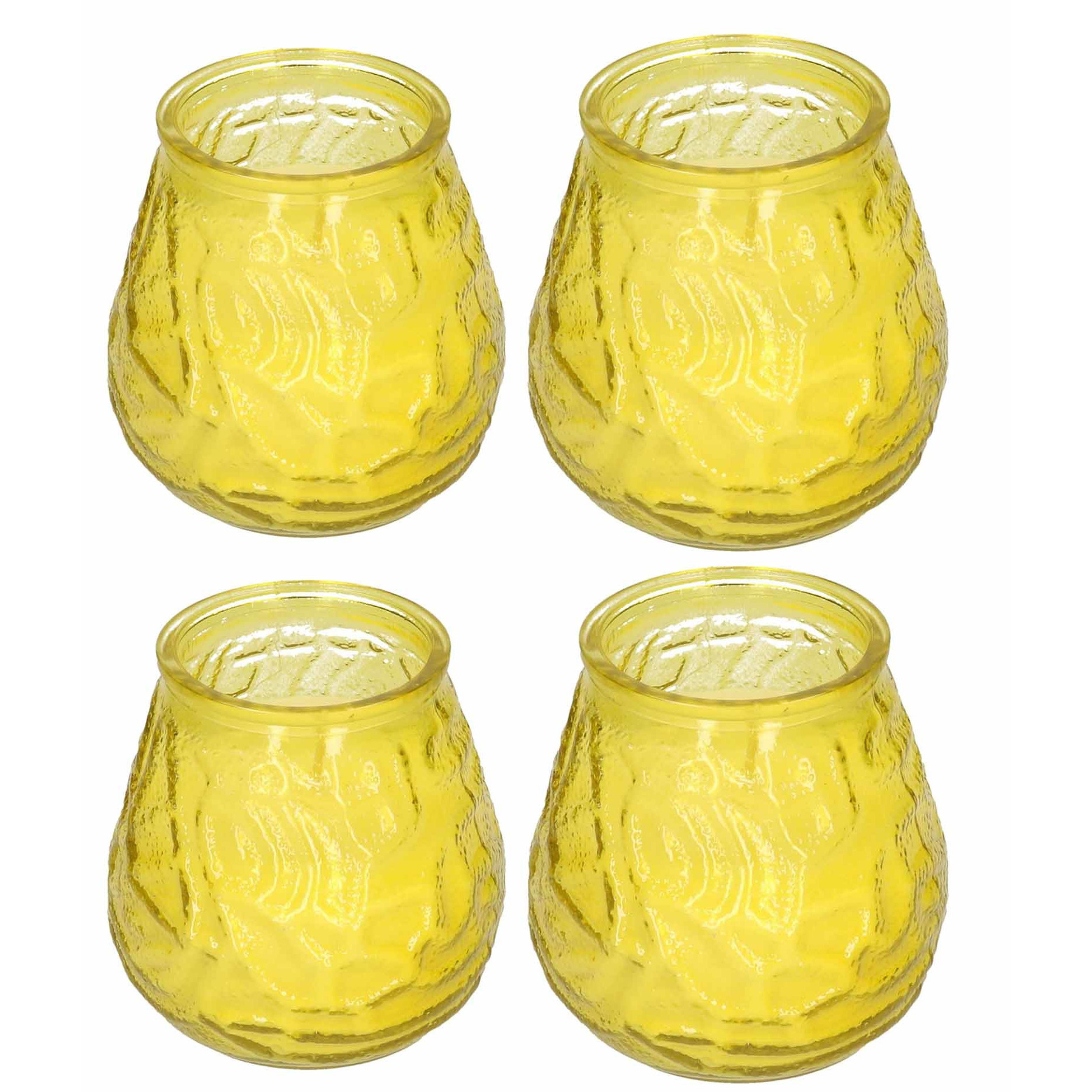 Windlicht geurkaars - 4x - geel glas - 48 branduren - citrusgeur