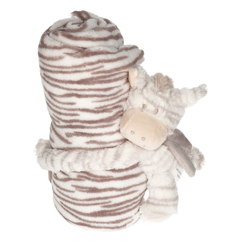 Wit-beige dierenprint deken 100 x 75 cm met klittenband zebra knuffel