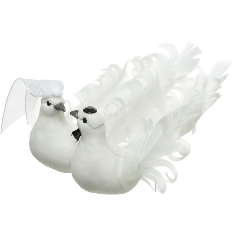 Wit duivenpaar met verenstaart 16 cm bruiloft decoraties/versieringen