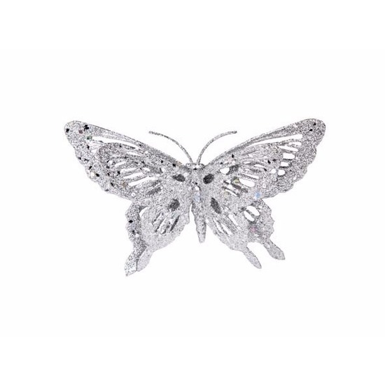 Zilveren deco vlinder met glitters 15 x 11 cm