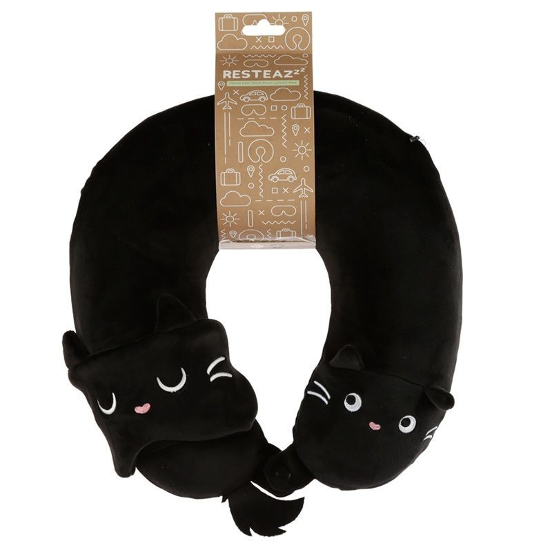 Zwarte kat/poes knuffel kussen met slaapmasker reis set voor kinderen