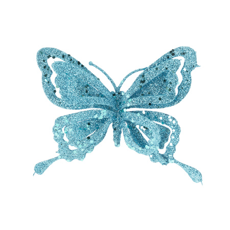 1x pcs decoration butterflies on clips glitter ice blue 14 cm