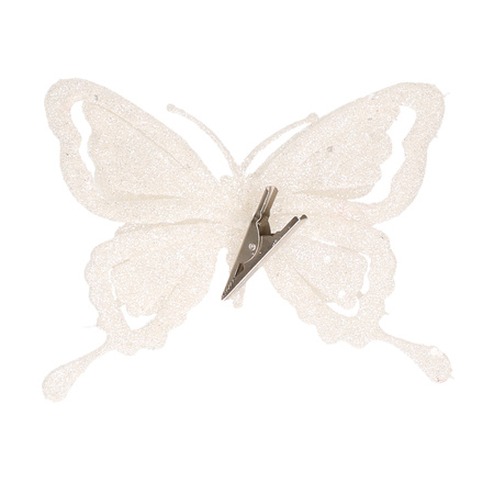 1x pcs decoration butterflies on clips glitter white 14 cm
